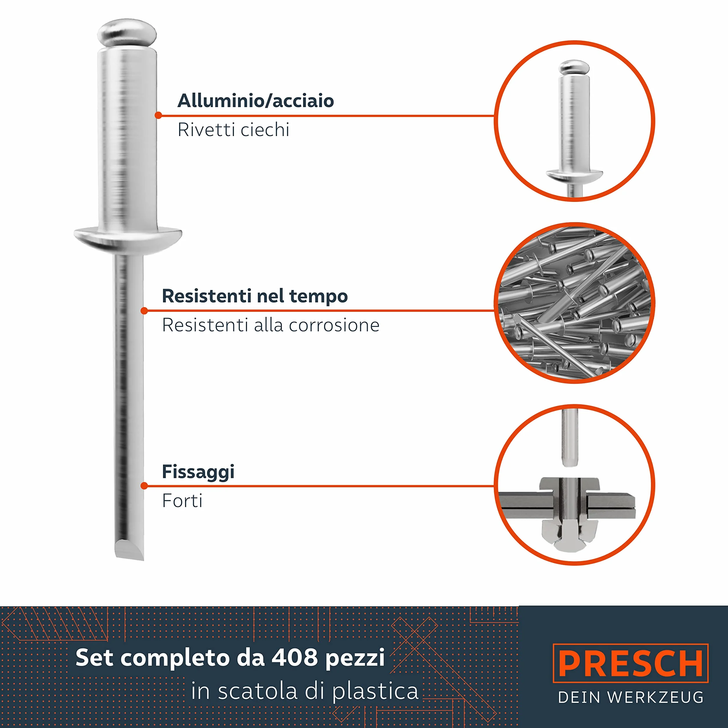 Presch Set rivetti ciechi 408 pezzi - Assortimento rivetti alluminio/acciaio 2,4-4,8mm con punte HSS 2,5-4,9mm