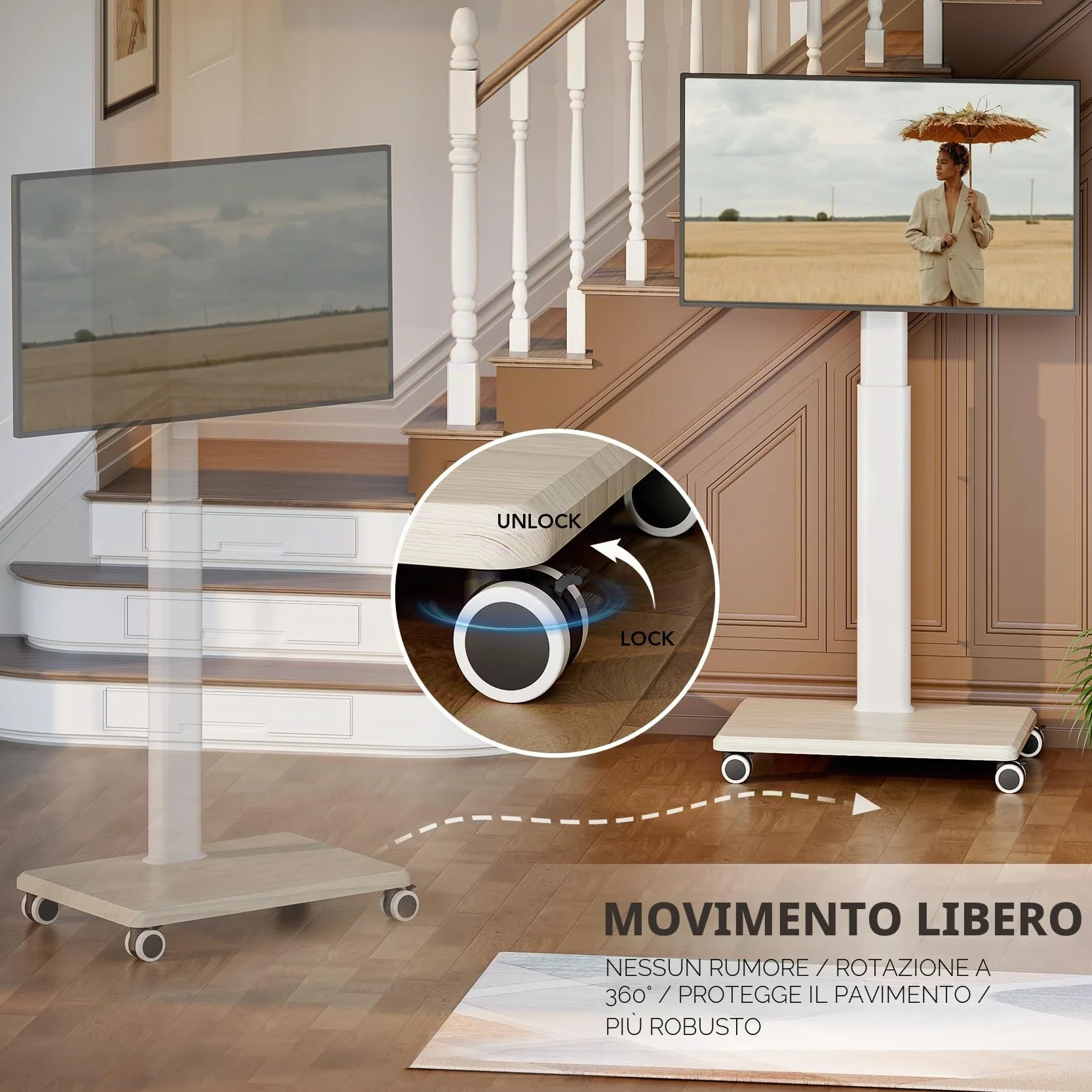Supporto TV mobile per TV da 27 a 65 pollici, carrello TV portatile con ruote, grande supporto universale con supporto girevole, altezza regolabile per angolo camera da letto, esterno.