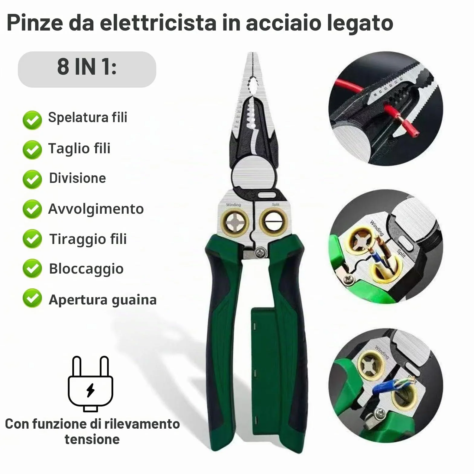 Pinza Spelafili 8 in 1 con Tester di Tensione, Utensile Elettricista Multifunzione per Tagliare, Crimpare, Tirare Cavi