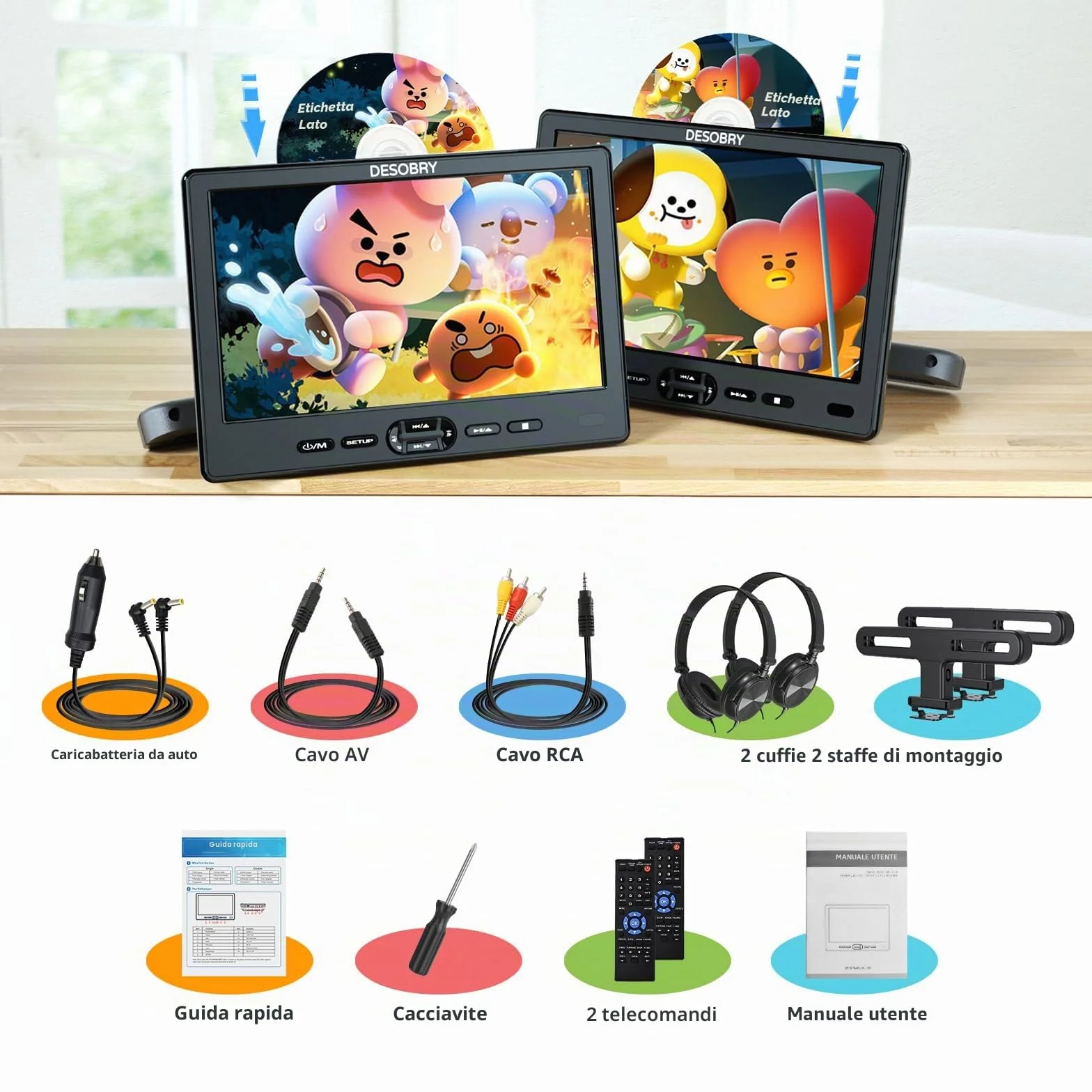 DESOBRY Lettore DVD da Poggiatesta per Auto 10,5 pollici 2 monitor poggiatesta 2 cuffie HDMI ingresso AV cavo, bambini TV supporta 1080P, supporto dello schermo auto USB/SD, ultima memoria