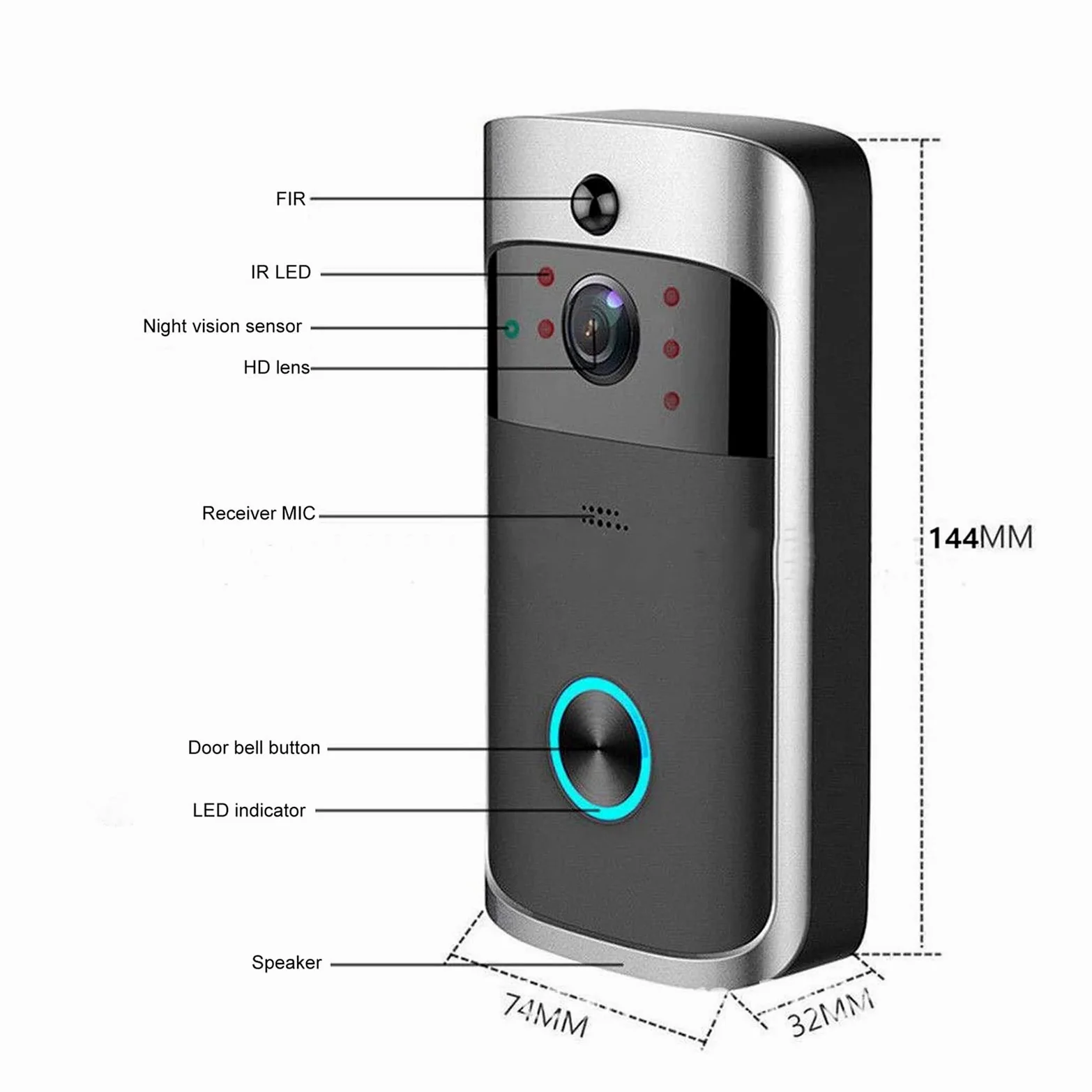 Videocamera per Campanello, Wireless Smart Campanello Visione notturna 1080P Videocitofono vocale Campanello PIR Rilevazione movimento Telecamera for telefono porta di sicurezza ,Allarme Casa,Citofono