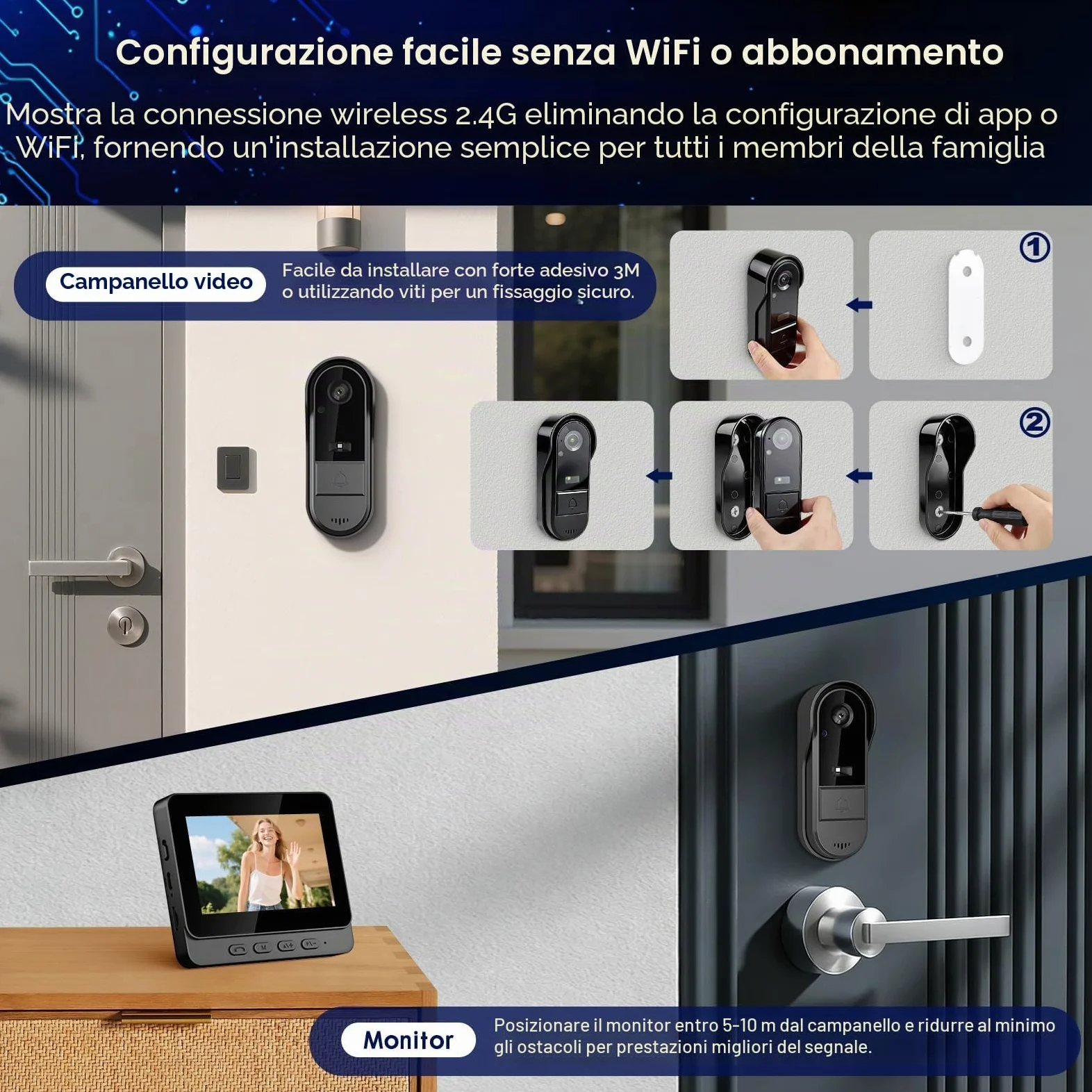 Videocitofono senza fili con videocamera e display IPS da 4,3 pollici, visione HD 1080P, angolo ampio a 170 gradi, visione notturna, audio bidirezionale e resistenza agli agenti atmosferici IP65
