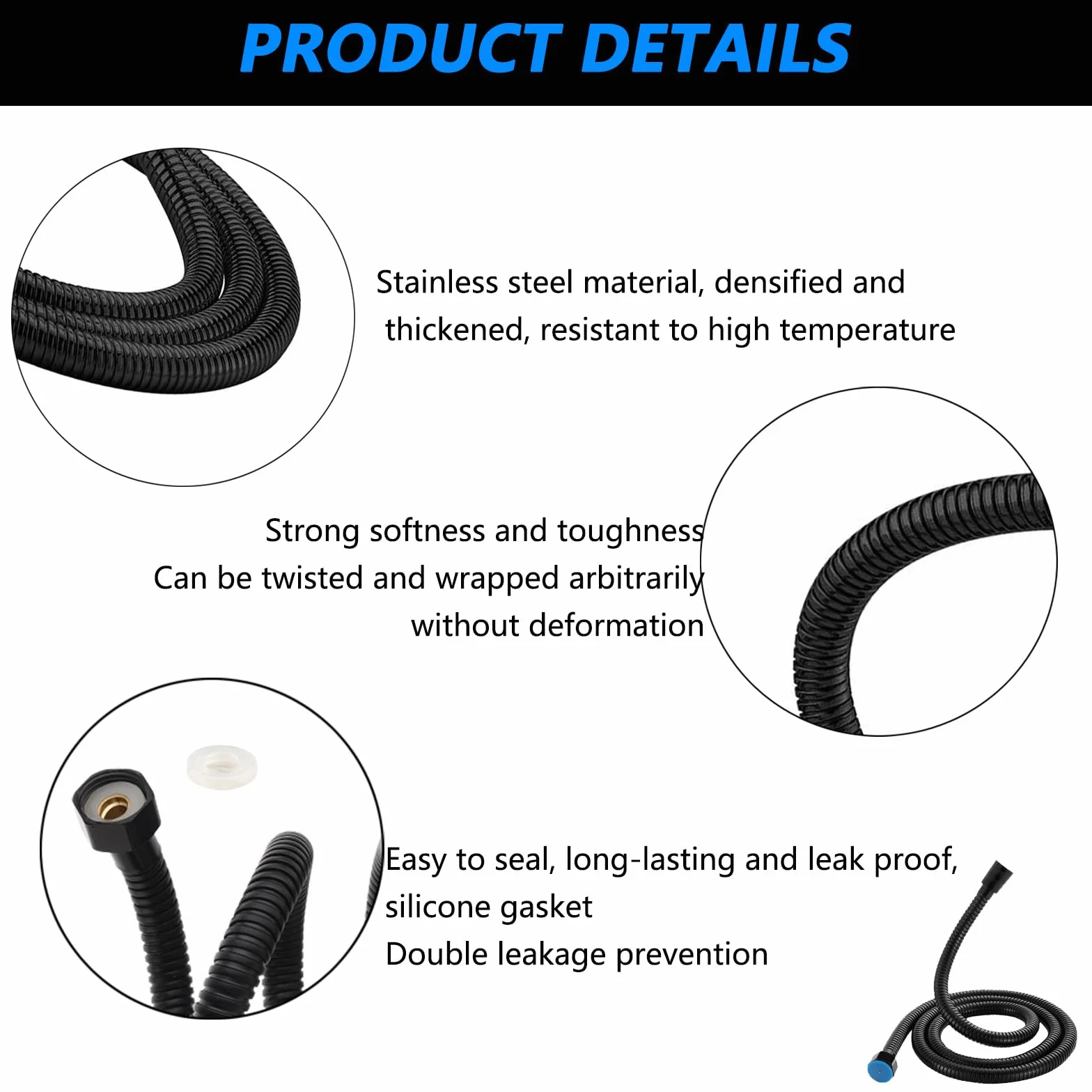 Tubo Doccia Nero 2 M, Flessibile Doccia In Acciaio Inox Standard 1/2" Connettore Universale Anti-Torsione Tubo Doccia per Doccetta E Rubinetti Vasca Da Bagno