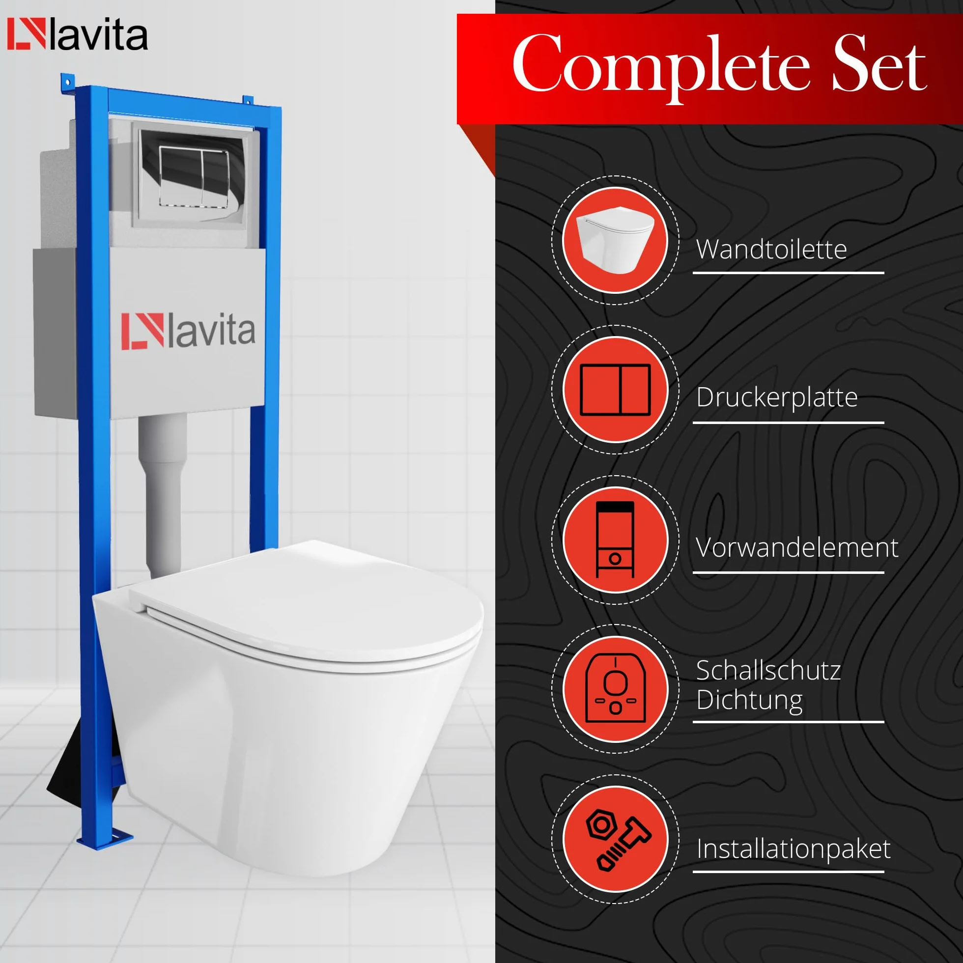Lavita LAV 101 LAV 200.1.2 Set WC sospeso a parete 40cm fondo profondo GALVE Bianco senza brida Piastra comando Cromato