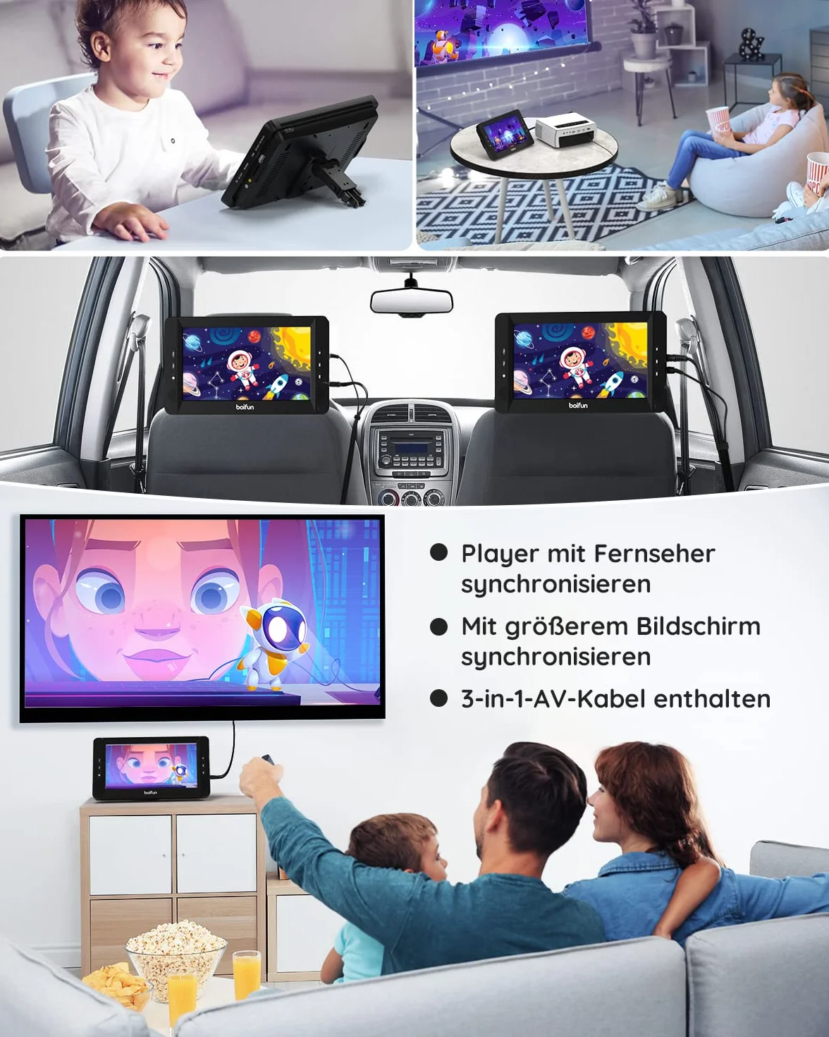 BOIFUN Lettore DVD Auto 2 Schermi 10,5'' con batteria 7 ore per TV portatile, poggiatesta 2 monitor 1024 * 600 HD, supporto poggiatesta USB AV IN/Out FM