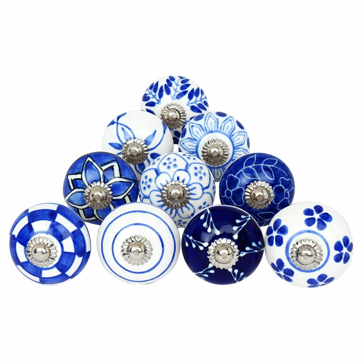 Set da 10 Pomelli Cucina in Ceramica Blu e Bianco Dipinti a Mano – Maniglie Decorative per Mobili con Viti