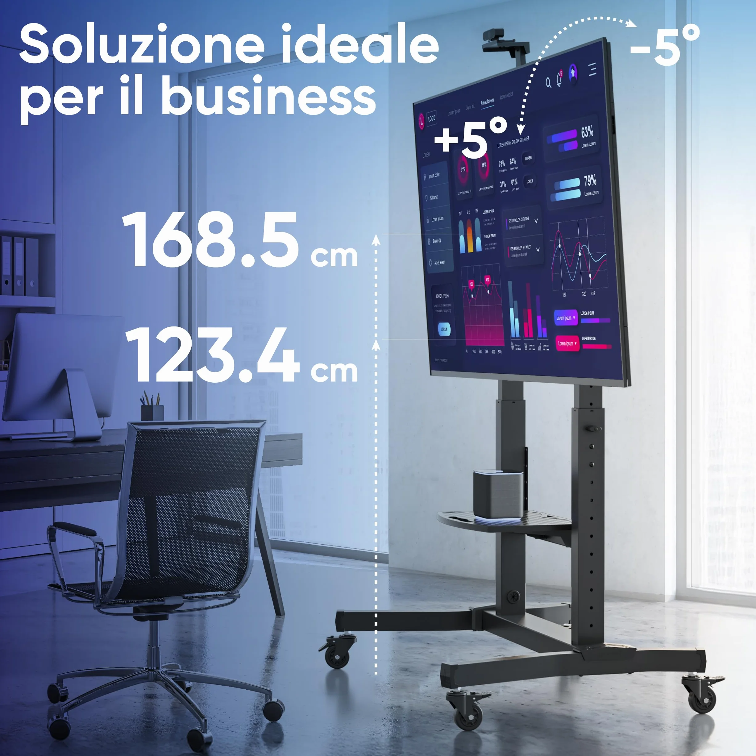ONKRON Carrello Porta TV con Ruote 50-100 pollici, Carico Totale 130 kg, VESA 200x200-1000x600, Supporto TV da Pavimento Regolabile in Altezza e Inclinabile, Porta Televisore Mobile, Nero TS1991-B