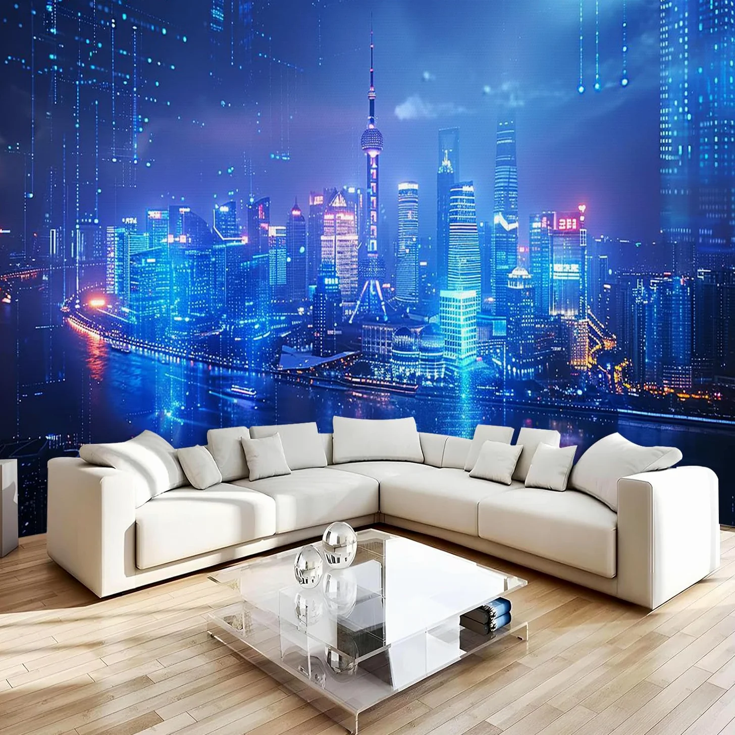 Carta da parati effetto 3D Città Moderna 350 x 256 cm Murale Non Tessuto Vista Notturna Fotomurale Stampa HD Moderna Poster Per Soggiorno E Camera Da Letto Design 2M1749