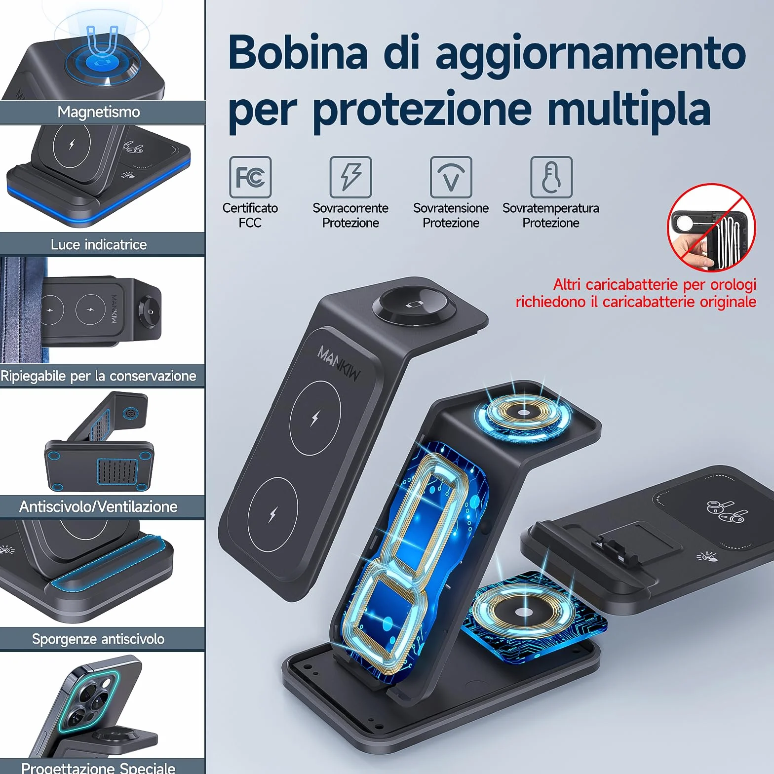 3 in 1 Stazione Ricarica per iPhone 17/16/15/14/13/12/XS/X/8 serie,MANKIW Caricabatterie Wireless per i-Watch 11-2 serie, per Air Pods 3/4/Pro 2
