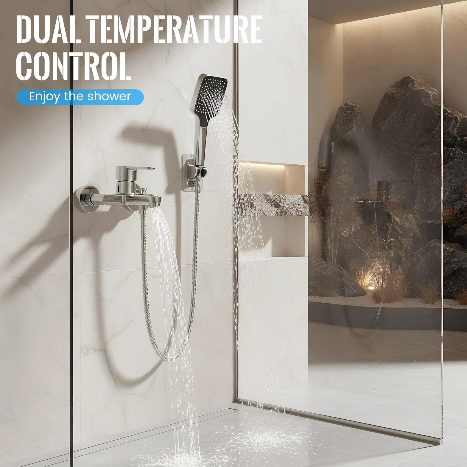 Miscelatore in ottone per vasca da bagno con doccetta a mano, rubinetto a cascata parete flessibile 1,5 m