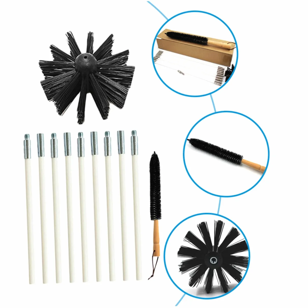 Cabilock Scovolino per Rimuovere Fuliggine Canne Fumarie in Nylon Manico in Legno Set 9 Aste Flessibili in Ferro e Ottimizzare Funzionamento per Pulizia Asciugatrice e Condotti