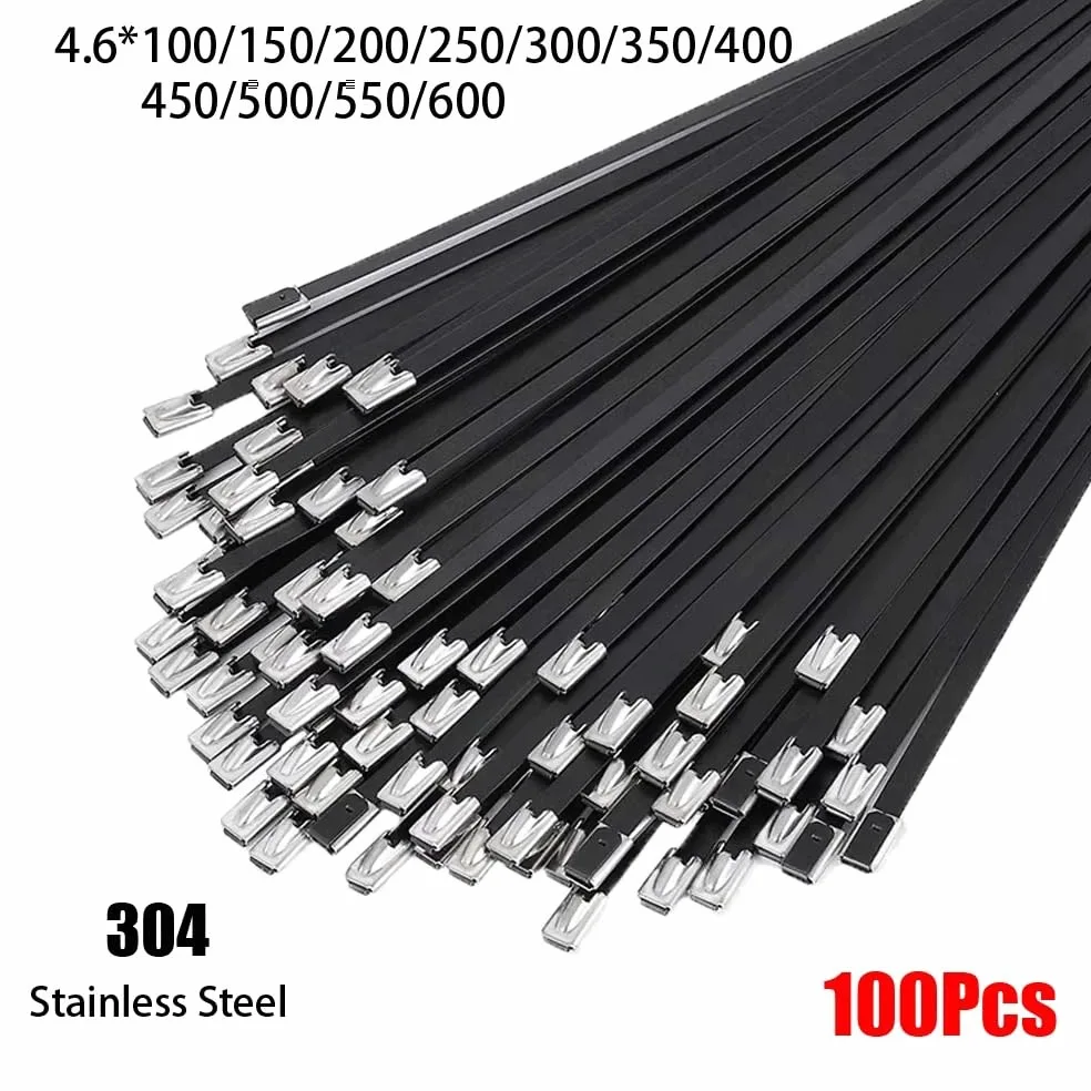 100 pezzi 304# fascette stringicavo nere in acciaio inossidabile autobloccanti resistenti alle alte temperature e all'ossidazione fascette da 4,6 mm(4.6x300mm)