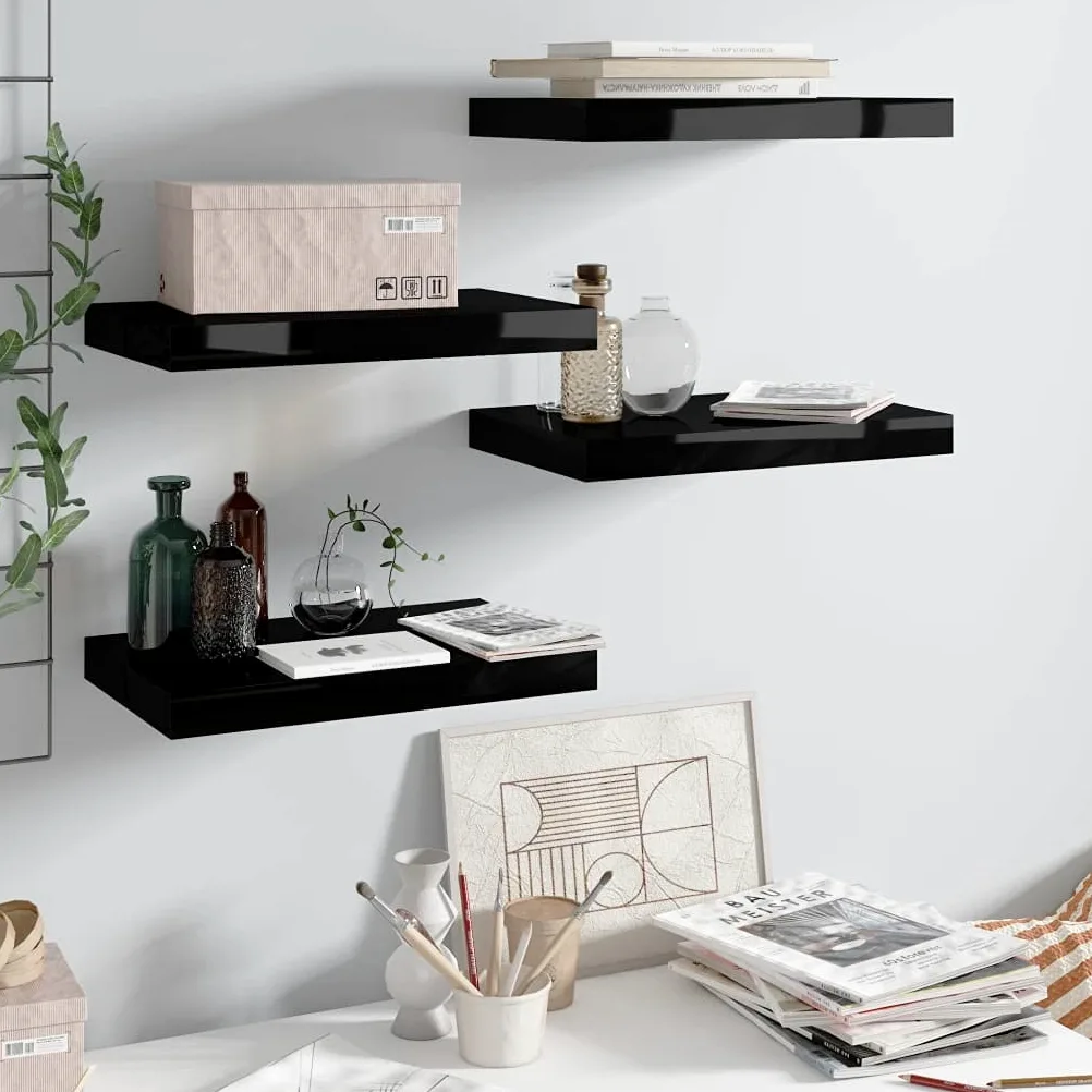 Scaffalature, mensole da parete e sporgenze, 4 pezzi, nero lucido, 40 x 23 x 3,8 cm MDF