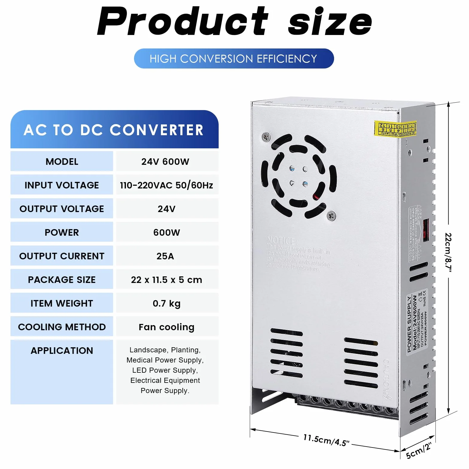 Alimentatore switching regolabile universale, 24 V, 25 A, 600 W, DC, adattatore LED, convertitore, trasformatore, adattatore per strisce LED, CCTV, progetto computer, radio, paesaggio
