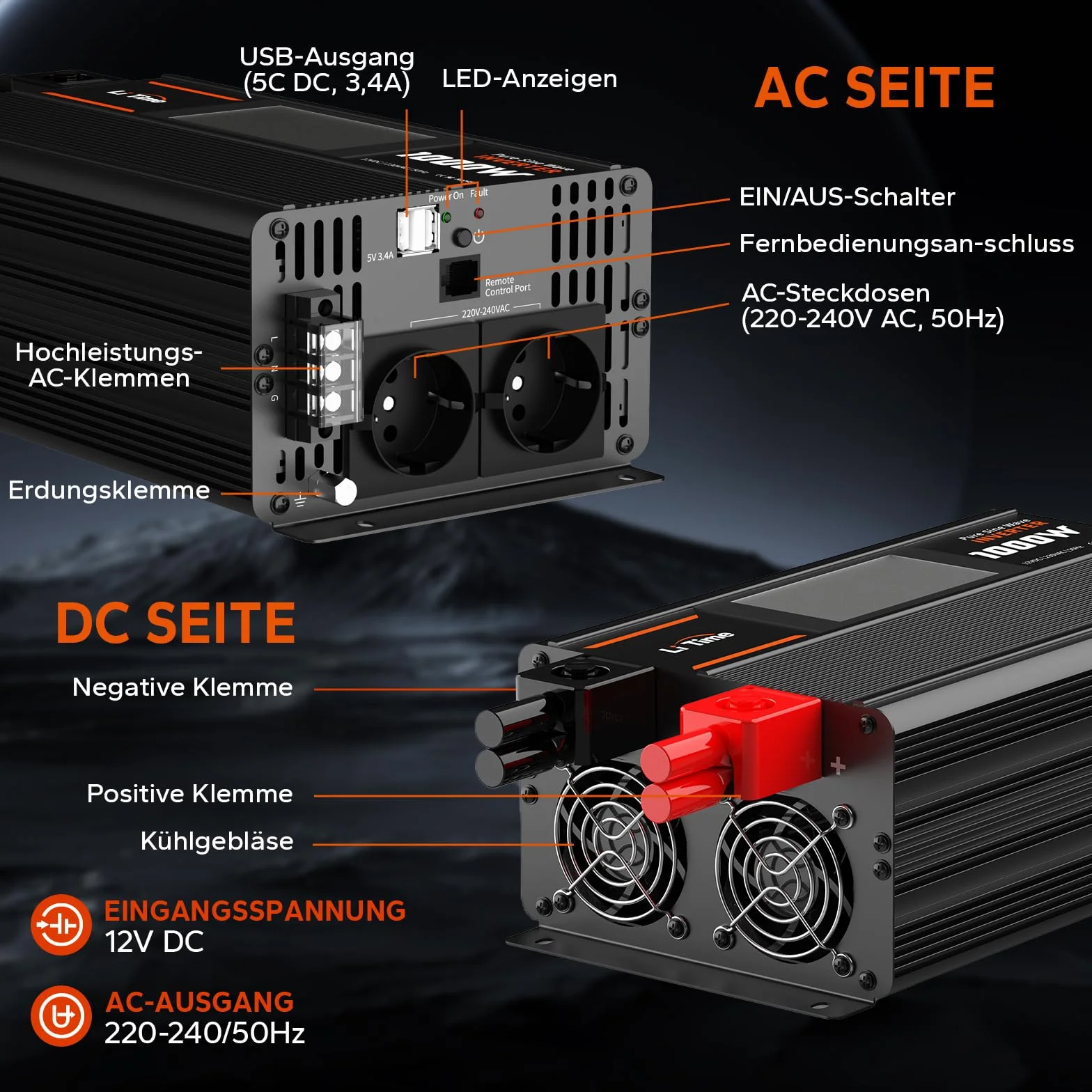LiTime 1000 W Inverter Sinsus Pure 12 V DC a 230 V AC Convertitore per Camping-Car, Camping, Inverter Solare con 2 uscite AC, Display di Sorveglianza con Visualizzazione dello stato in tempo reale