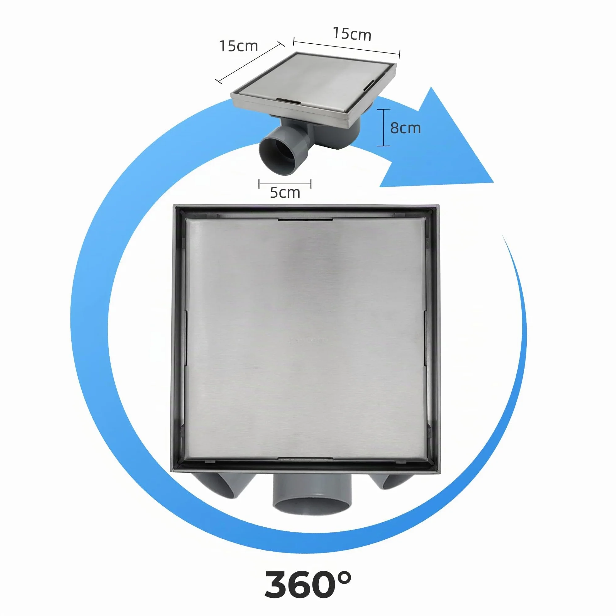 VANCOCO Scarico Doccia a Pavimento Quadrato 15×15 cm 2-in-1 Invisibile in Acciaio Inox, Sifone Orientabile 360°, Valvola Antiodori, Filtro per Capelli