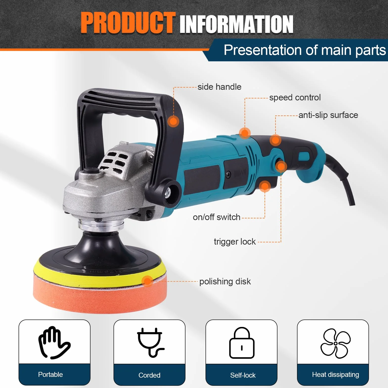 Lucidatrice per auto 1600 W 6 velocità variabile 220 V 500-3300 giri/min 125/178 mm set professionale