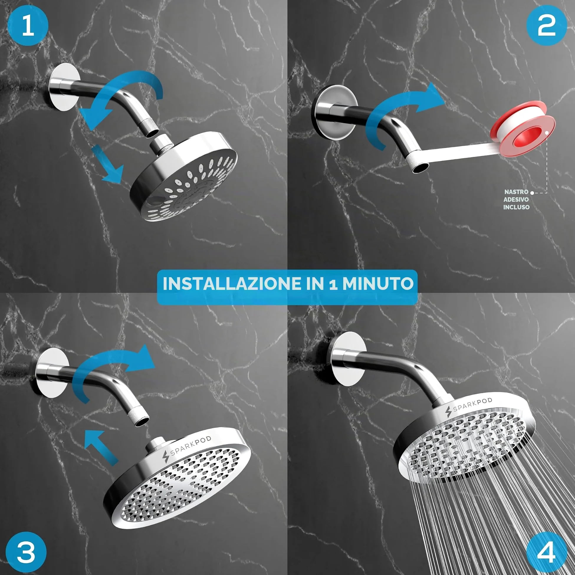 SparkPod Soffione doccia ad alta pressione, design di lusso di alta qualità, installazione in 1 minuto, ricambio regolabile facile da pulire per il tuo bagno (cromato lucido, rotondo da 15,2 cm)