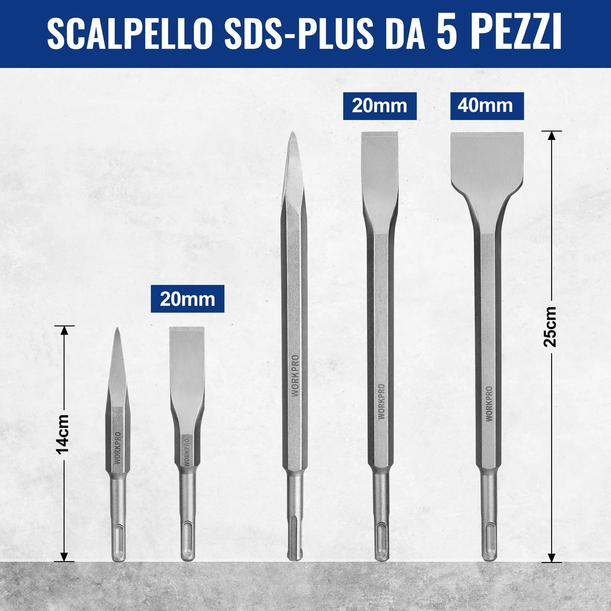 WORKPRO Set 17 Pezzi Punte e Scalpelli SDS Plus per Calcestruzzo Muratura