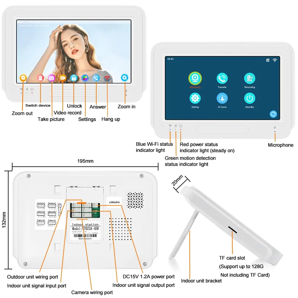 Tuya 1080P 7pollici Colore Schermo Videocitofono WLAN senza fili WiFi Video Campanell Sensore PIR Smart APP Kit per Citofono Domestico di RFID Controllo Accesso