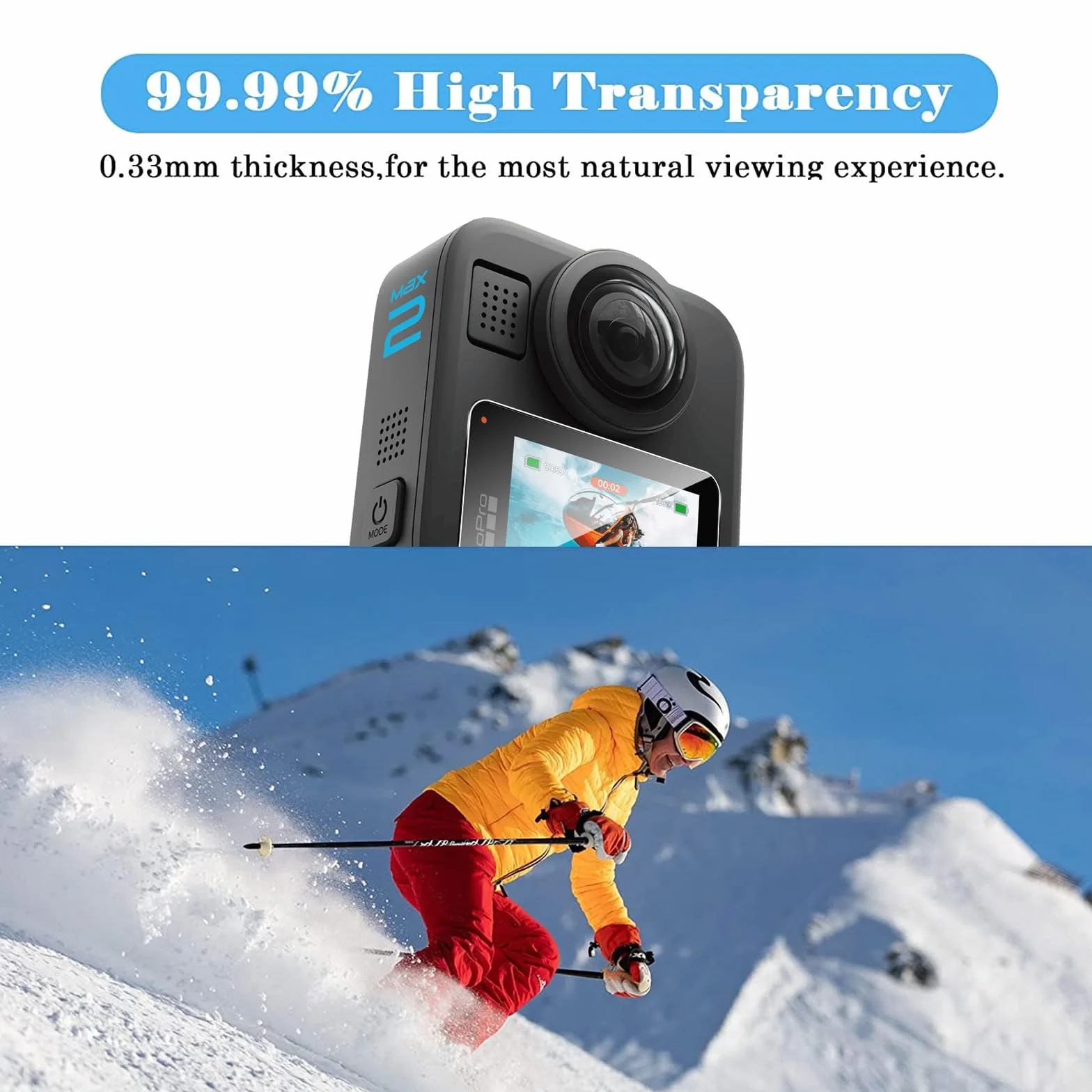 QULLOO Pellicola Protettiva per GoPro MAX 2, 2 Pezzi HD Vetro Temperato Durezza 9H Anti-graffio Schermo Protezione