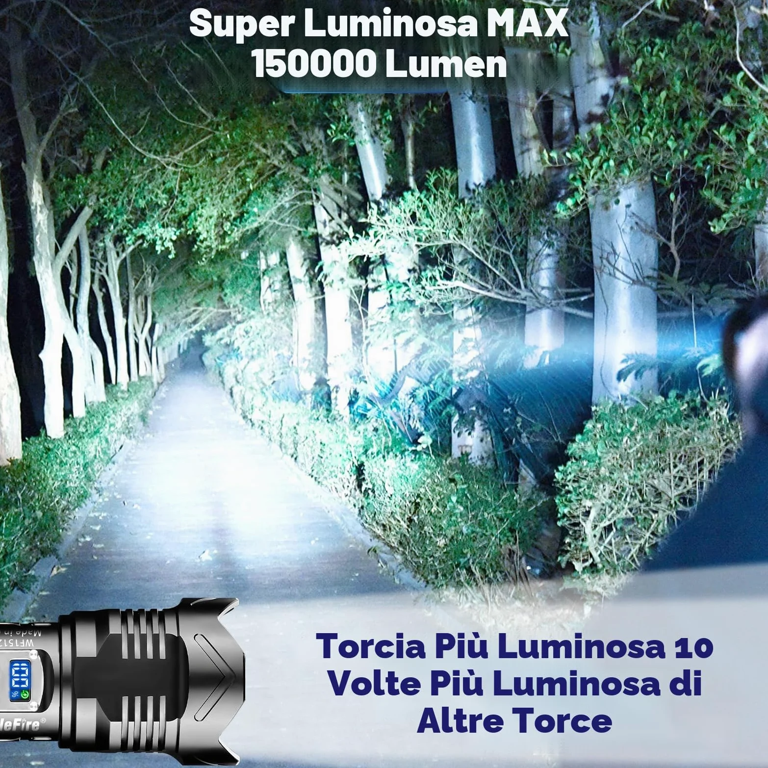 Torcia a LED ricaricabile, torcia a LED, estremamente luminosa, 150000 lumen, IP65, impermeabile, alimentata a batteria, torcia USB per le emergenze all'aperto, campeggio