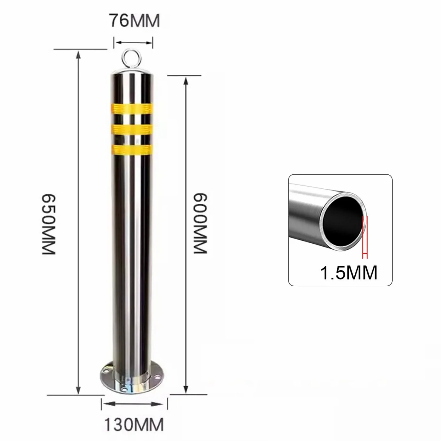 Generico Palo di Sicurezza per vialetto in Acciaio Inox Resistente - Dissuasore di parcheggio Rotondo con barriera Riflettente, Altezza 650/800 mm, dissuasori di Sicurezza durevoli per la Protezione