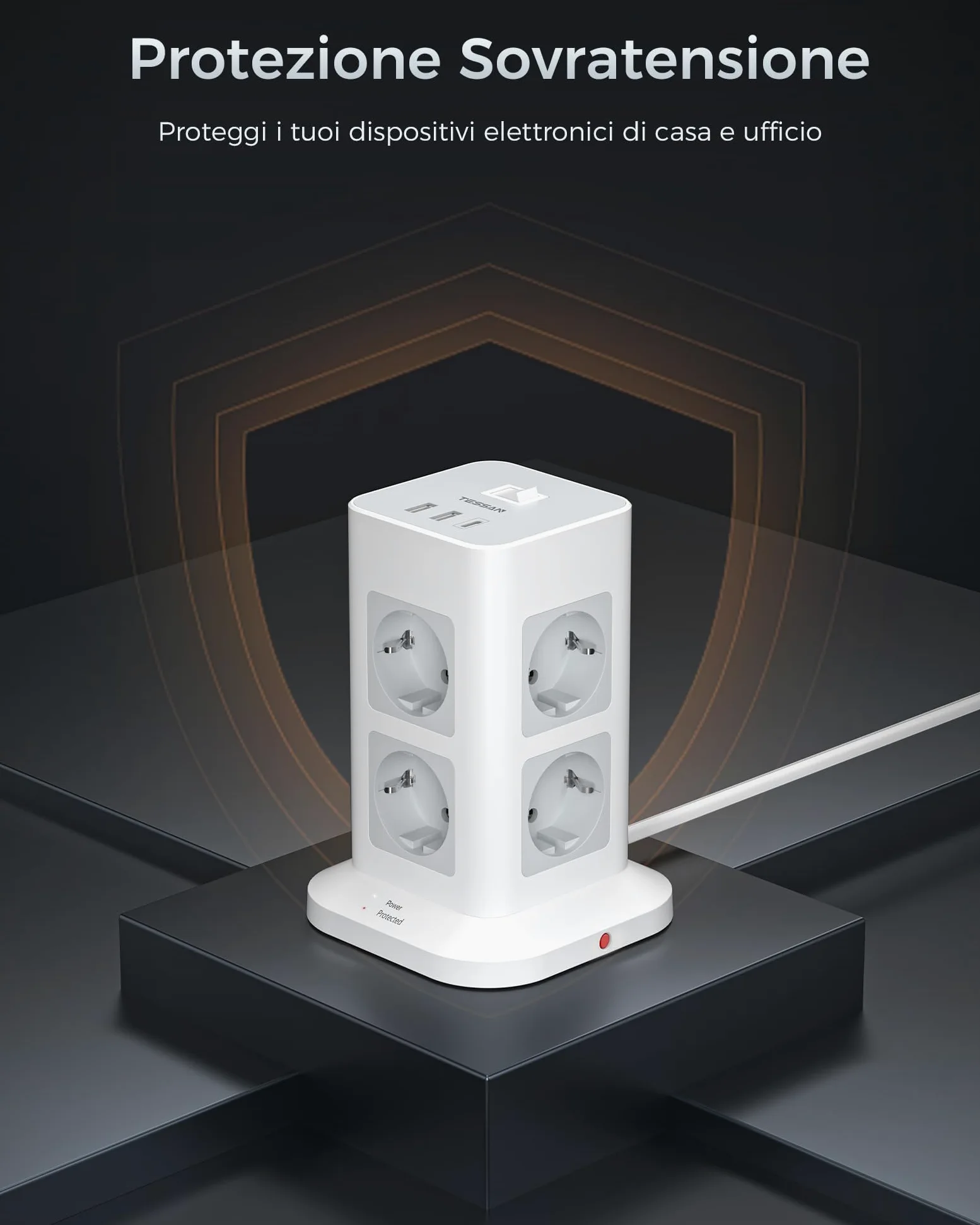 TESSAN Ciabatta Multipresa con USB, Multipresa Elettrica con 8 Prese e 3 USB, Protezione Sovratensione 1700J, Ciabatta Elettrica con Cavo 5M e Interruttore, Grigio