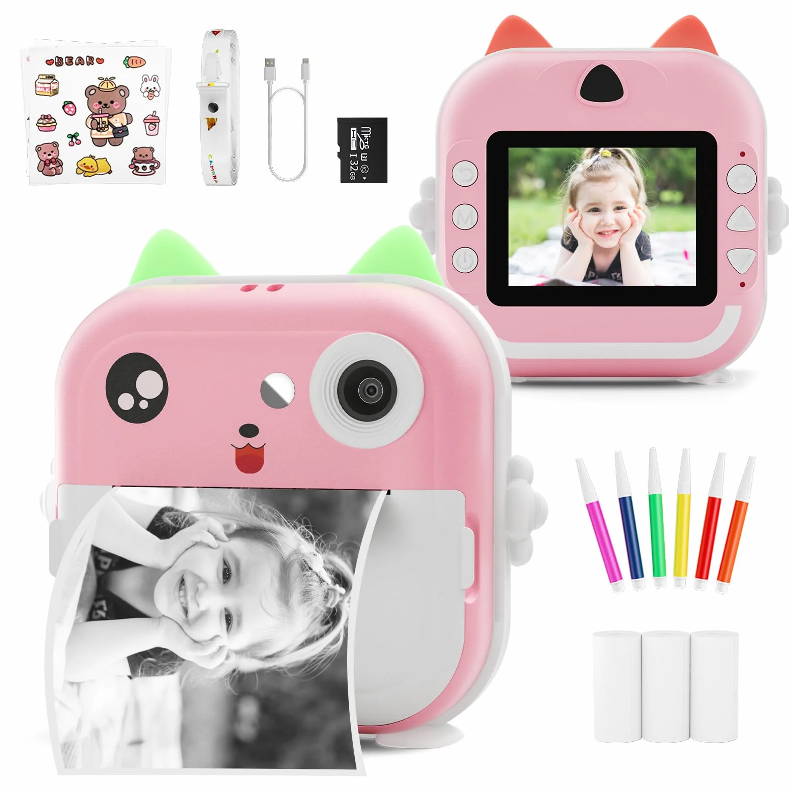 Macchina Fotografica Bambini Istantanea, Potuem 2.4 Pollici Digitale Fotocamera Bambini con 32GB Scheda TF, 6 Penne Colorate, 24MP/1080P Fotocamera Istantanea per Bambini, Regalo di Compleanno