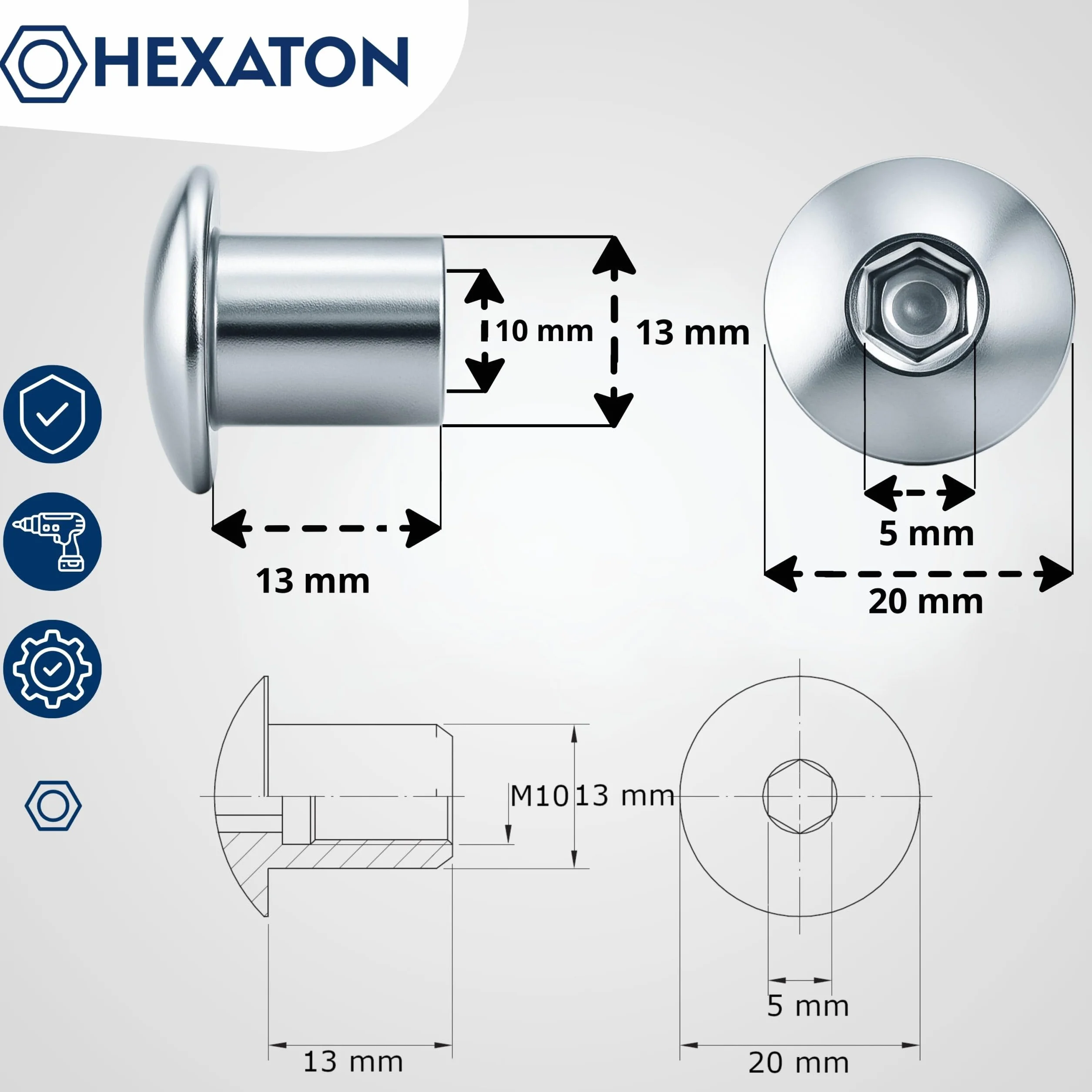 HEXATON Dadi a Manicotto M10 x 20 x 13 mm 100 Pezzi Acciaio Zincato