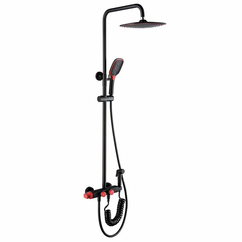 Sistema Doccia a Pioggia, Set Miscelatore Nero e Rosso, Rubinetto per Vasca a Parete con soffione, doccetta per Vasca, Bidet e doccetta combinata