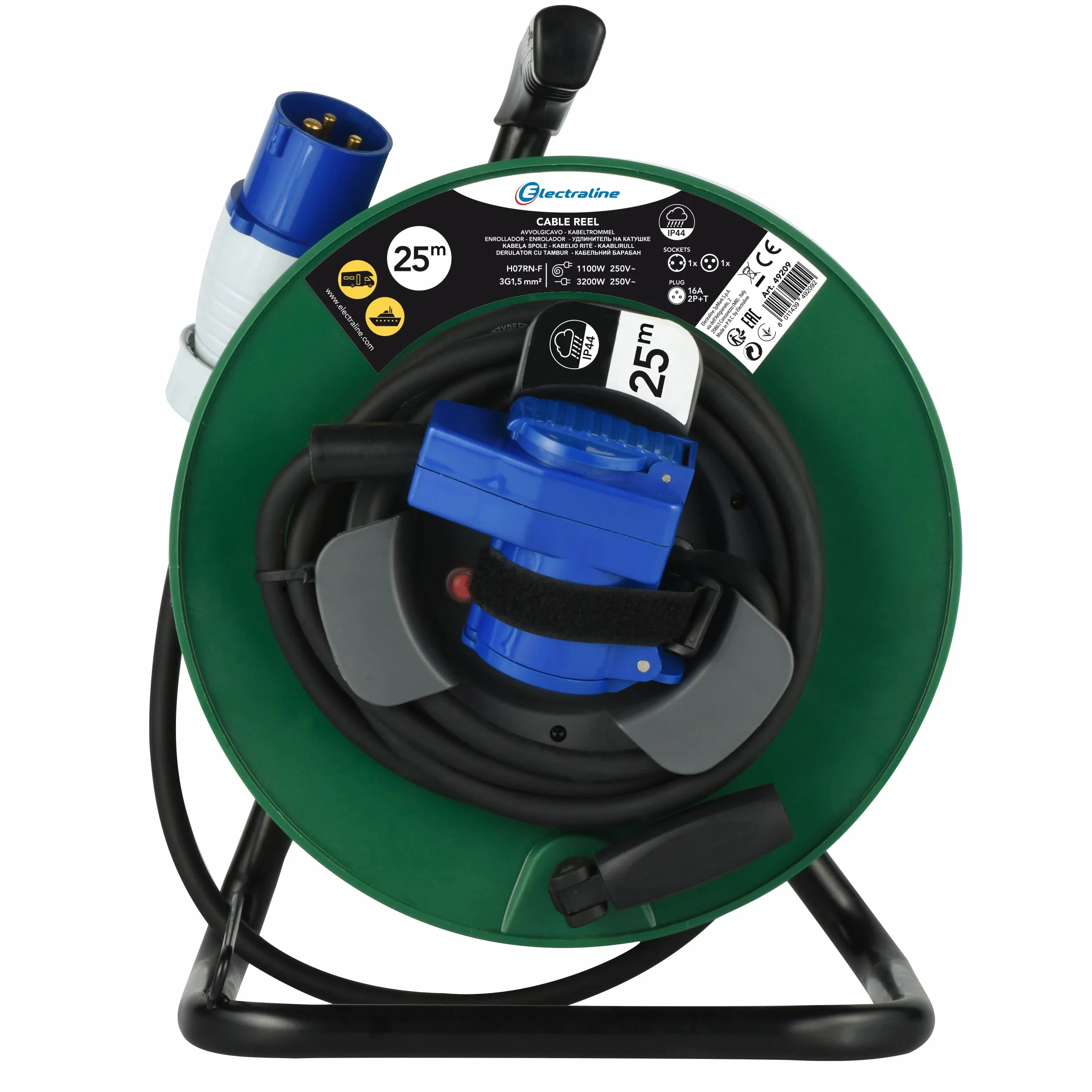 Electraline 49209 prolunga in gomma con avvolgicavo 25 mt per camper, campeggio, caravan, spina CEE 3 poli e 2 prese (industriale+Schuko) - IP44, Verde/Nero