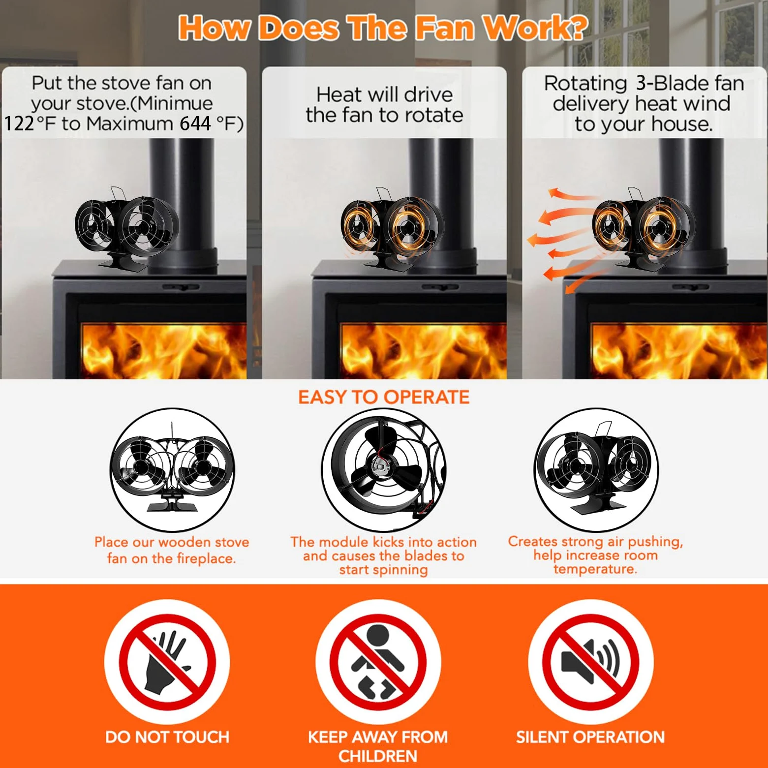 Ventilatore per stufa a legna - Ventilatore ecologico a doppia testa | silenzioso e ad alte prestazioni, di circolazione 'aria | Strumento di distribuzione del calore silenzioso per stufe a