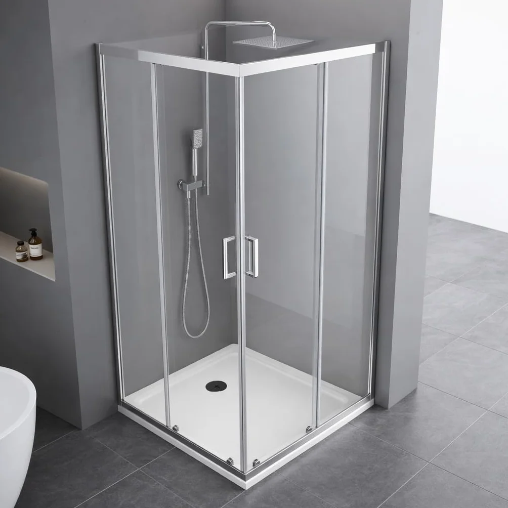 Box Doccia Angolare Vetro Temperato 6mm 2 Porte Scorrevoli Altezza 190cm 70x70 Cromati Chiusura Magnetica