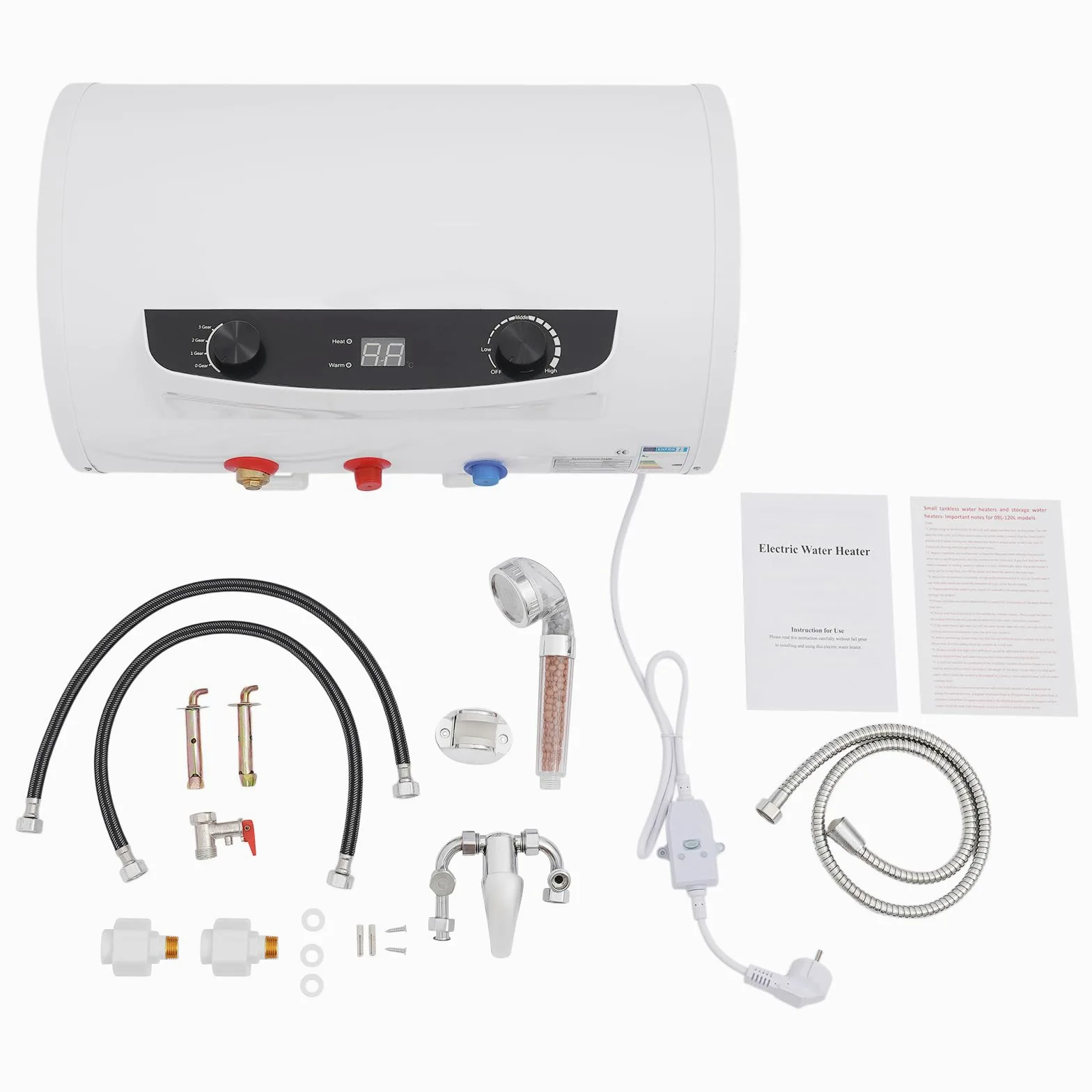 Scaldabagno da 50 l, montaggio a parete, 2000 W, 3 livelli, con set doccia IPX4 | Scaldabagno elettrico 35-75 °C, 3 livelli di calore, IPX4, silenzioso, 30 dB, ideale per bagno, cucina, parrucchiere