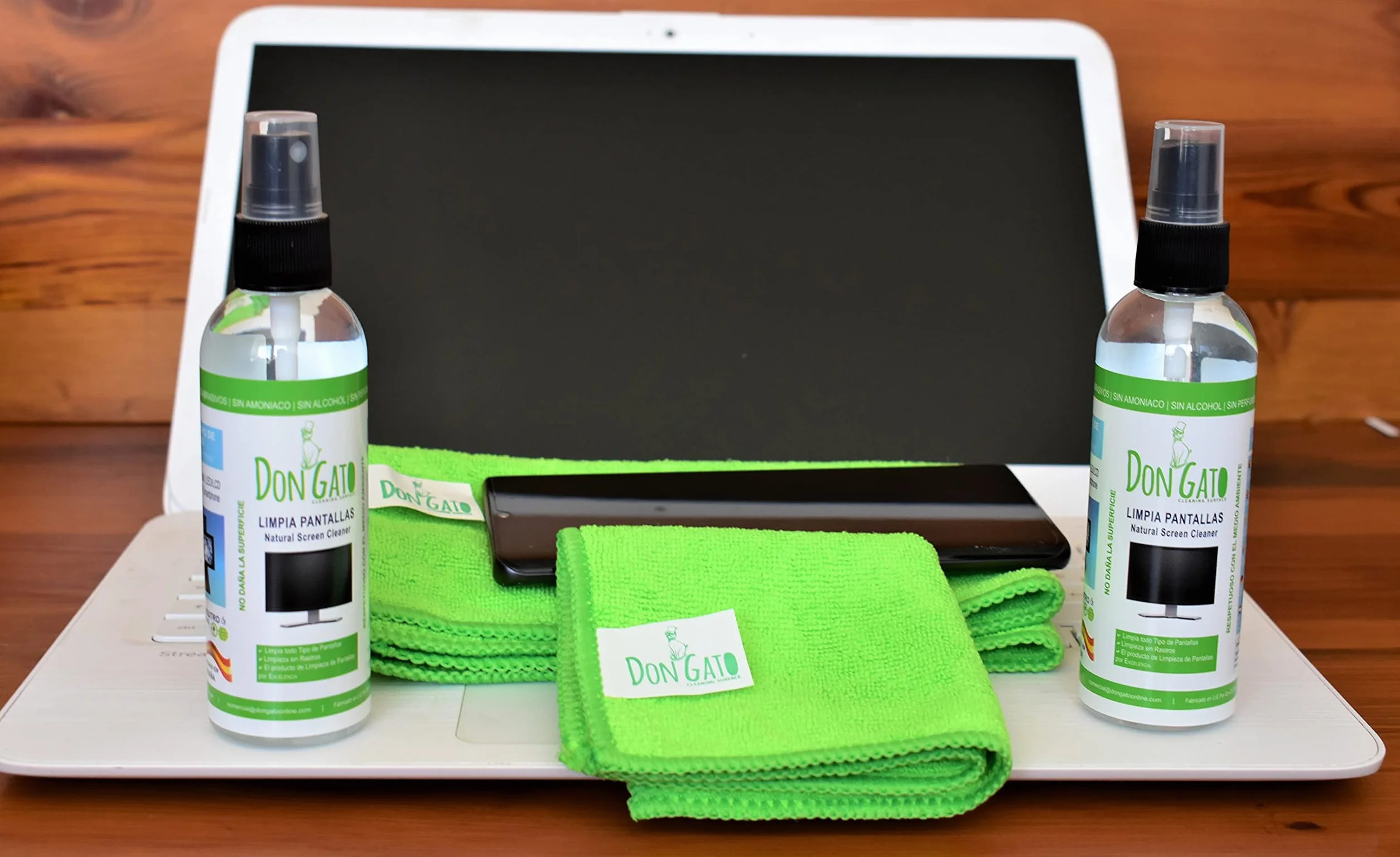 Don Gato – pulizia dello schermo (100ml x 2) + 2 panno in microfibra per TV, Tablet, Computer portatile, LCD, LED, telefono cellulare. Prodotti naturali e rispettoso dell'ambiente.