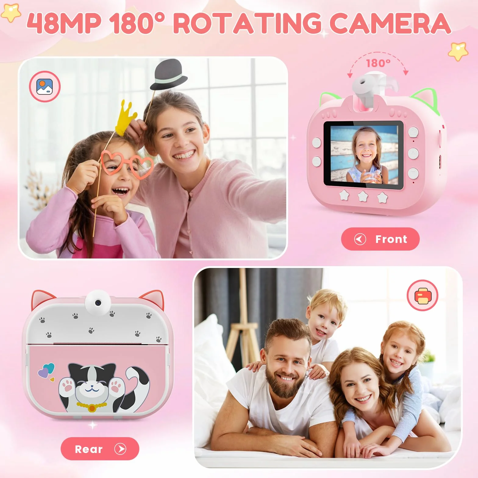 Macchina Fotografica Bambini Istantanea, Potuem 2.4 Pollici Digitale Fotocamera Bambini con Zoom 20X, Lente Ruotabile a 180°, 48MP/1080P Fotocamera Istantanea per Bambini, Regalo di Compleanno