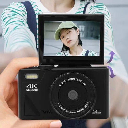 Fotocamera Digitale, Fotocamere 4K per Fotografia, Videocamera retrò da 64MP UHD 4K Zoom 18X Autofocus con Bilanciamento del Bianco, Scatto Continuo, Stabilizzazione e (BLACK)