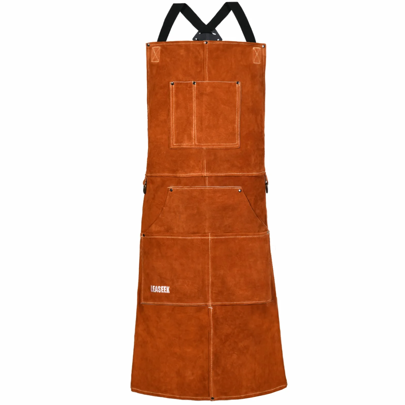 LeaSeek Grembiule per Saldatura in Pelle Bovina con 6 Tasche per lavoro degli Utensili Pesanti con filo più Forte di Kevlar Americano, Regolabile da M a XXL per Uomo e Donna