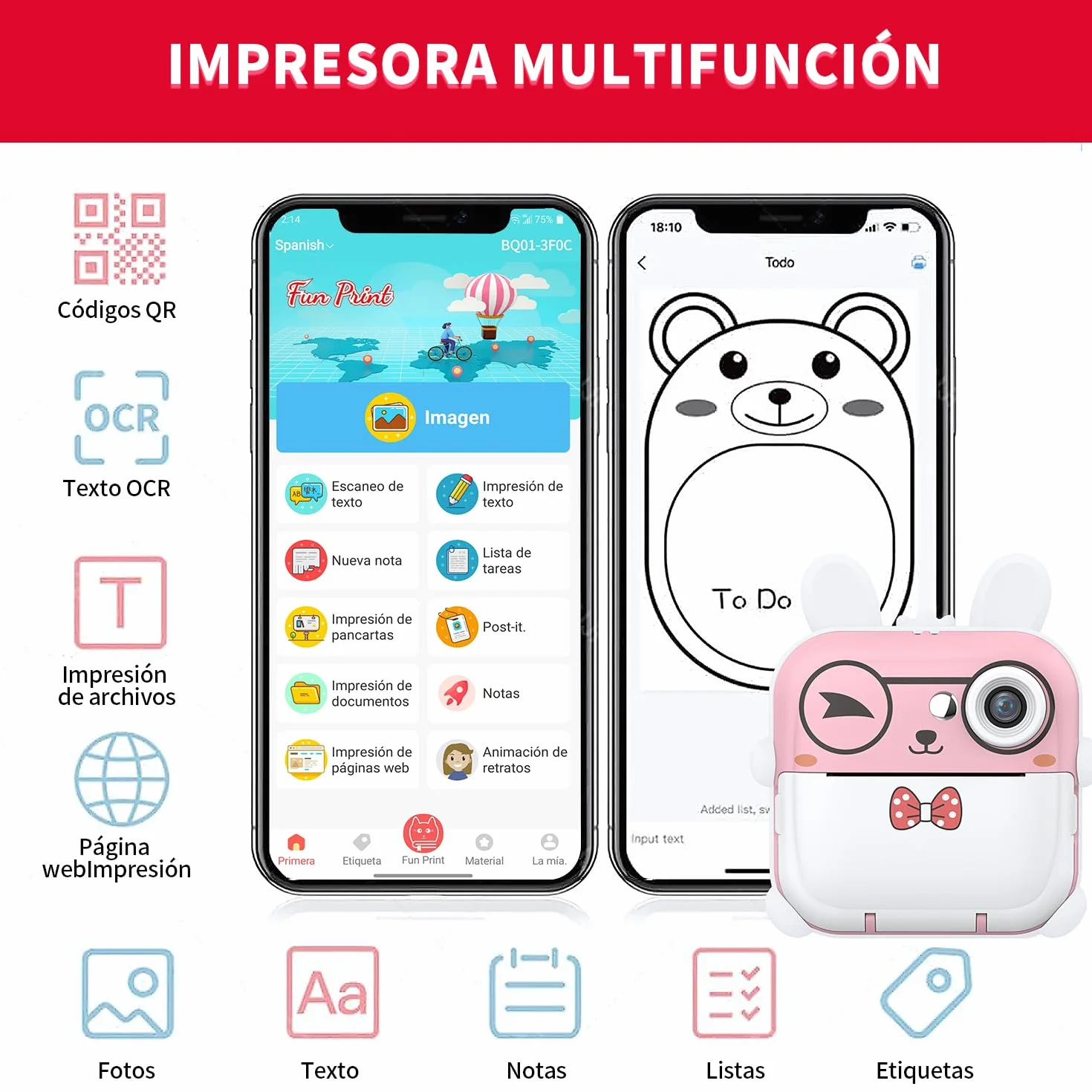 JESWO Macchina Fotografica Bambini Istantanea, Stampa Termica, Funzionalità di Registrazione Foto e Video HD, Inclusa Scheda SD da 32 GB, 3 Rotoli di Carta Termica e Adesivi