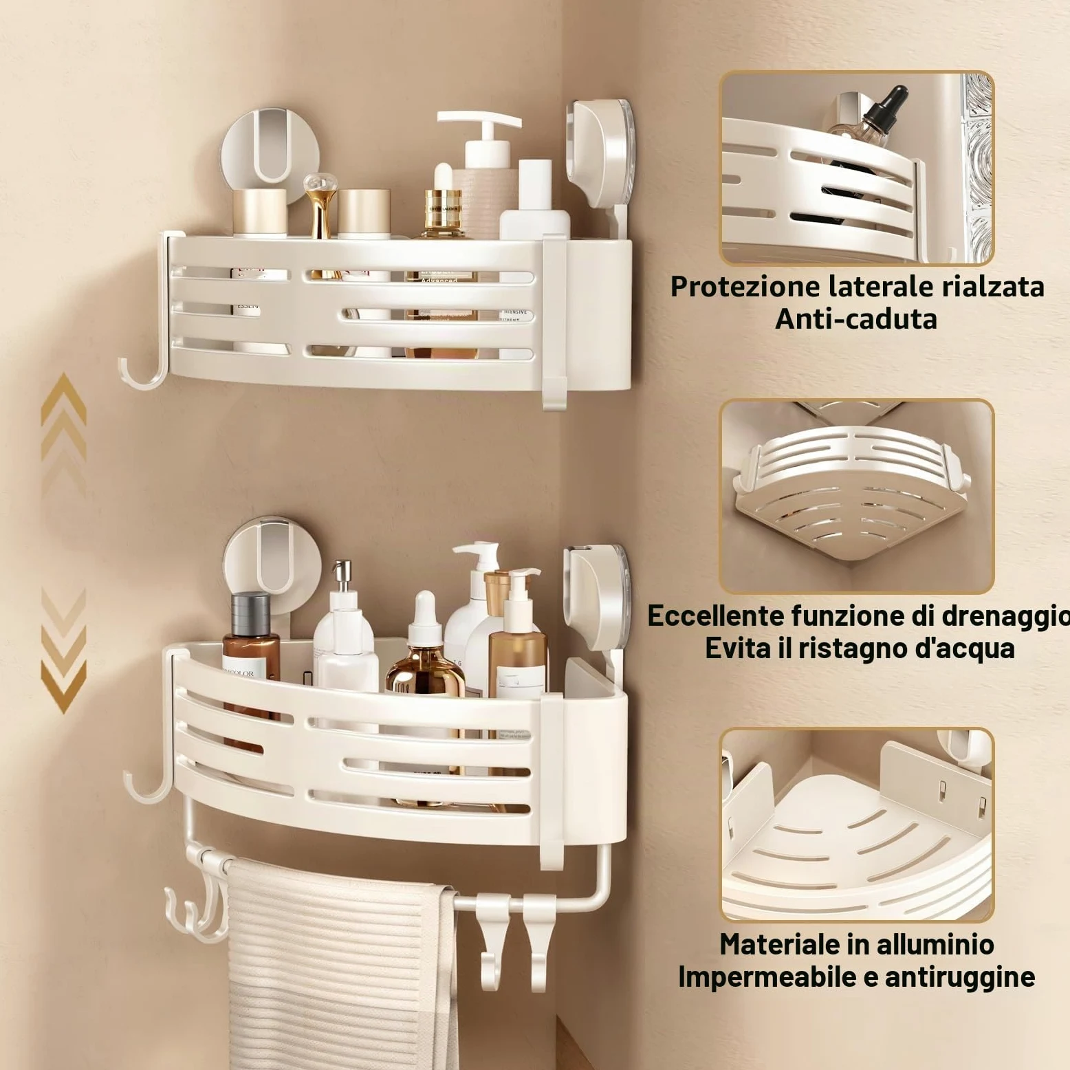 Voldra Mensola Doccia Angolare Ventose, 2 Pezzi Porta Sapone Per Doccia Senza Foratura Porta Bagnoschiuma da Doccia Bagno Portaoggetti Shampoo Doccia Angolare con Portasciugamani e Ganci (Bianco)