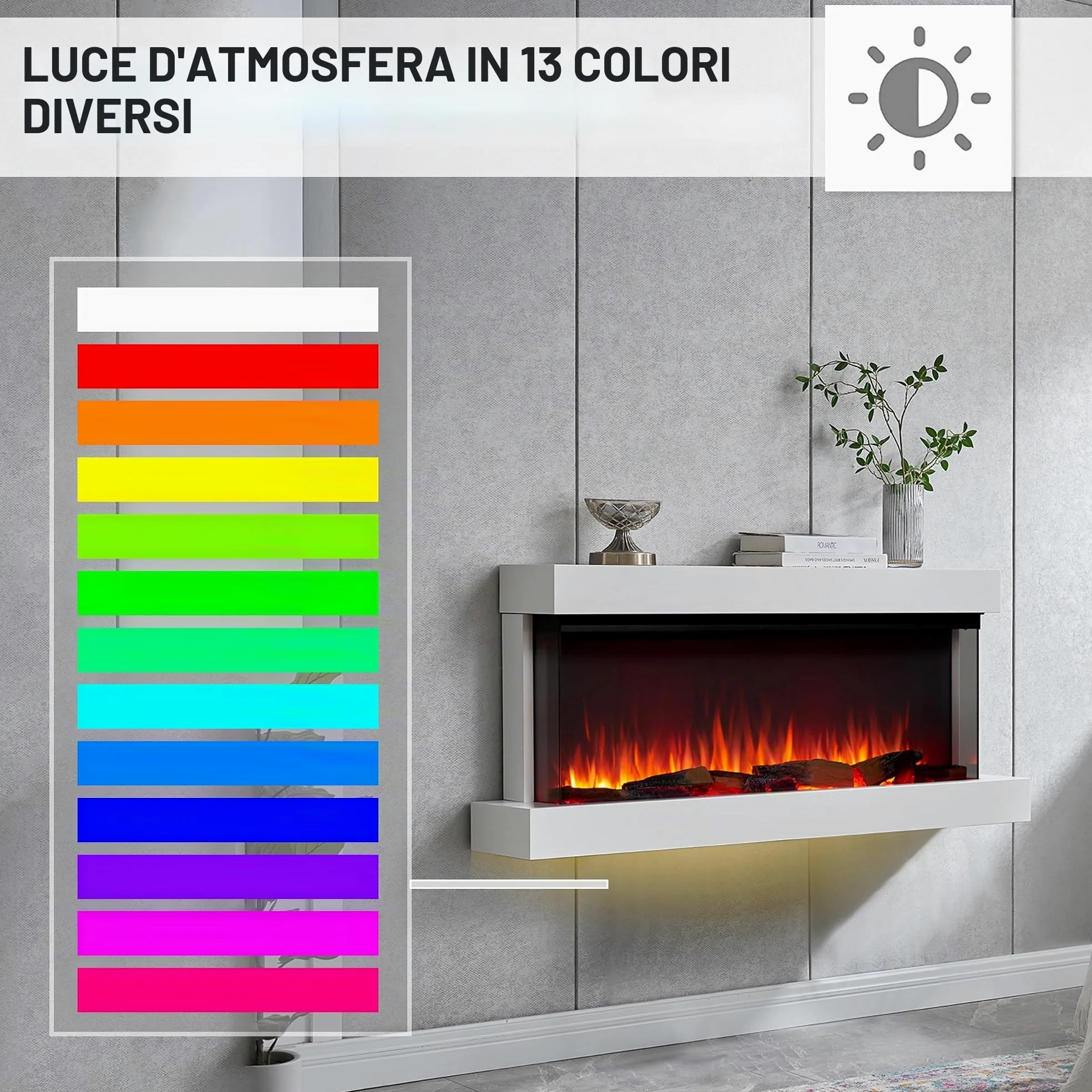 BALDERIA Camino elettrico Achilles L | Camino elettrico da parete con effetto fiamma 3D | Riscaldamento 1500 W, illuminazione a LED, WiFi, controllo app, suono scoppiettante, telecomando, timer e