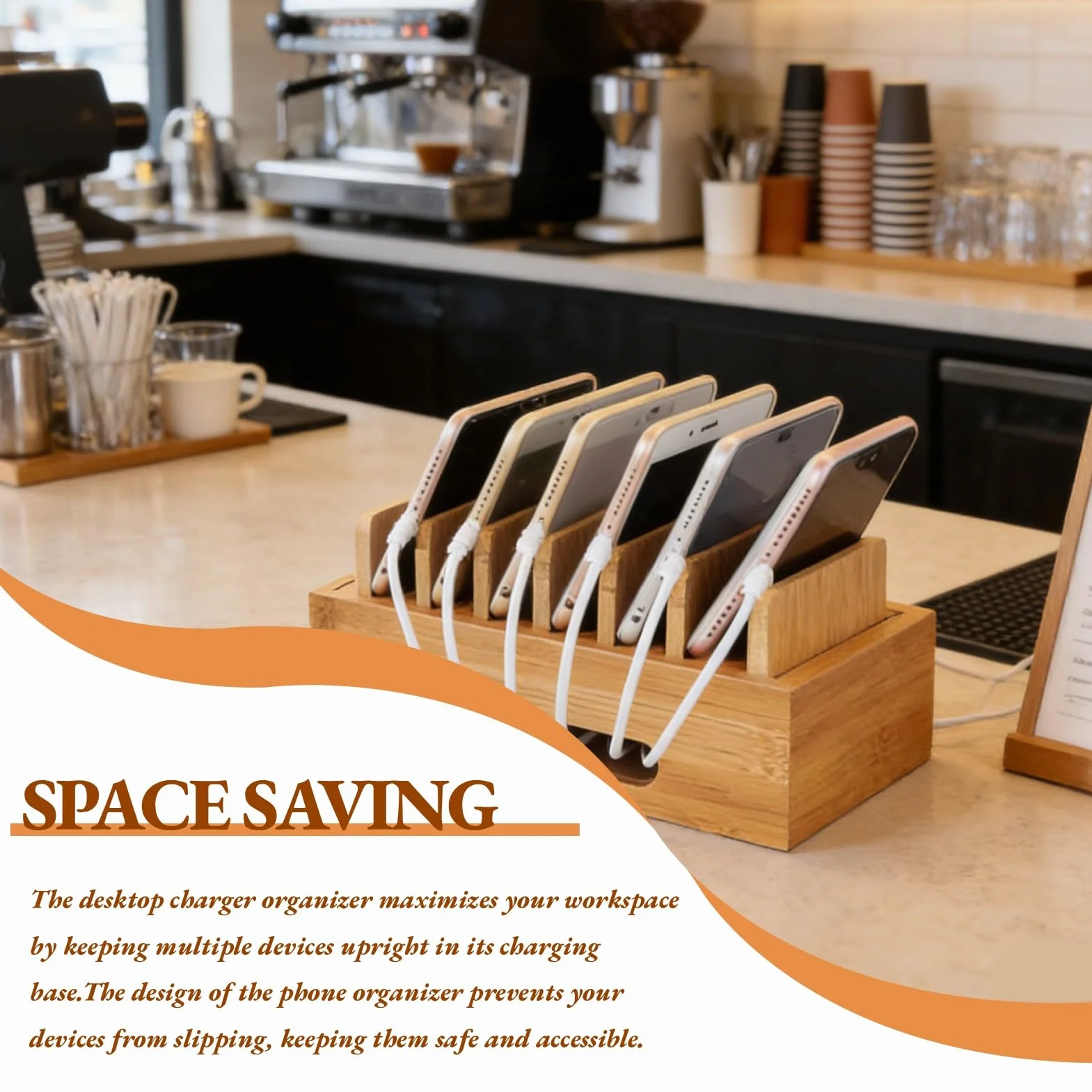 Stazione di ricarica in legno, 6 porte Multi Device Organizzatore di docking cellulare Stato di archiviazione per tablet per smartphone