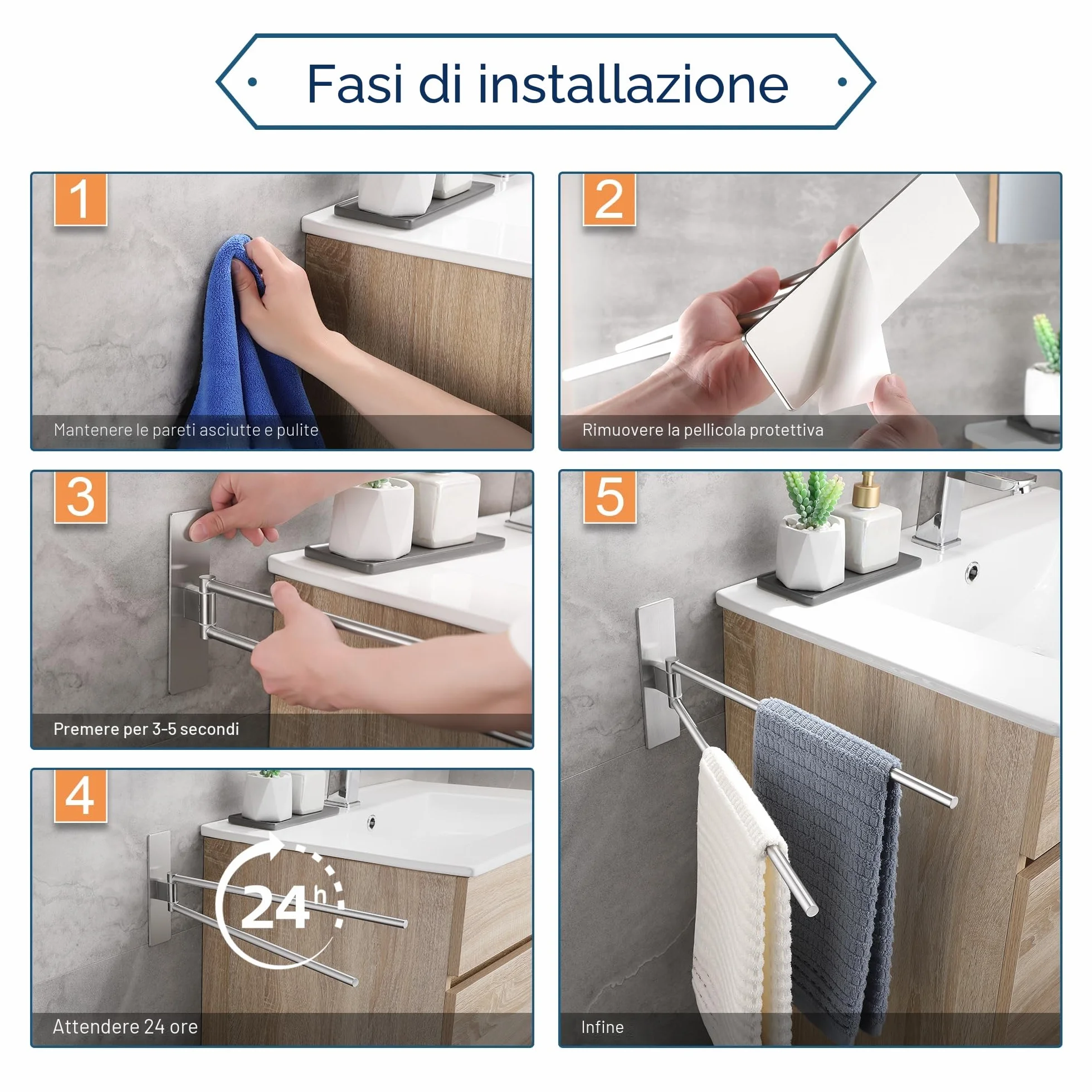 Porta Asciugamani Bagno Adesivo Girevole 180° Acciaio Inox 304 Senza Foratura Spazzolato Argento