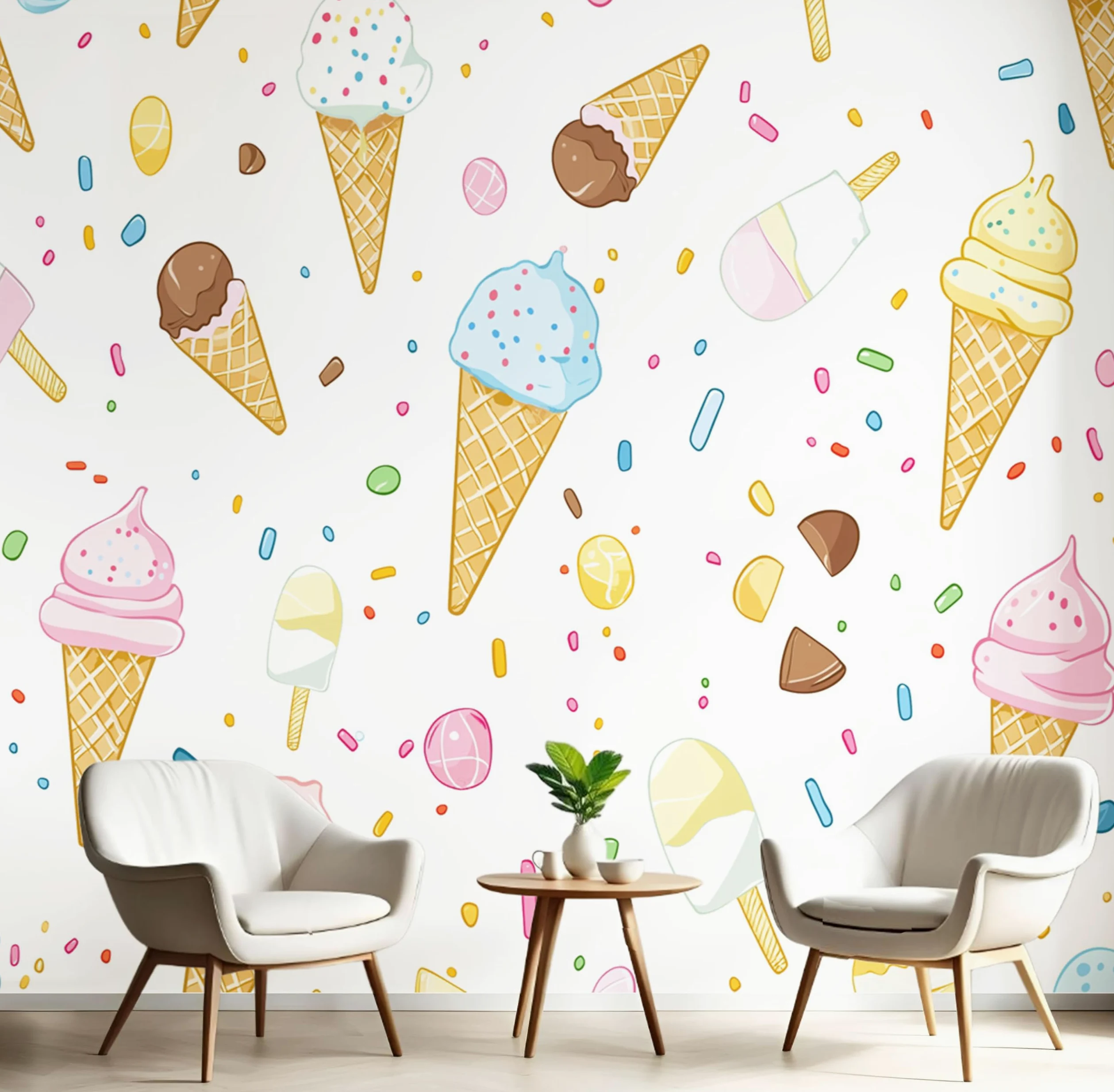 Carta Da Parati Cono Gelato, Stile Cartone Animato Carinomurale, 350×256Cm Ristorante Soggiorno Tv Parete Camera Letto Decorazione Della Parete Murali, Bianco