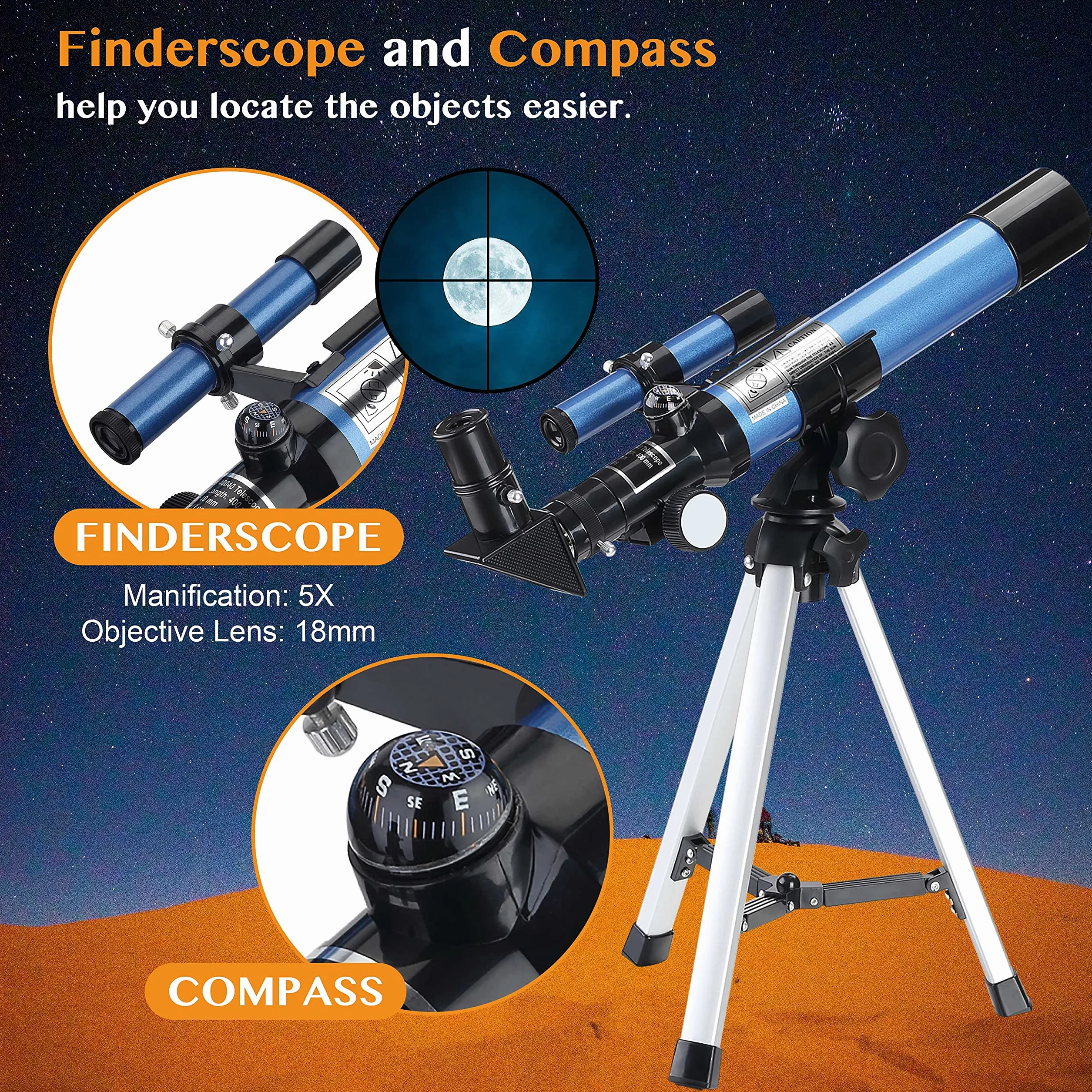 AOMEKIE Telescopio per Bambini con un Treppiede Mirino e Bussola Come Regalo Telescopio Rifrattore per Regali di Natale