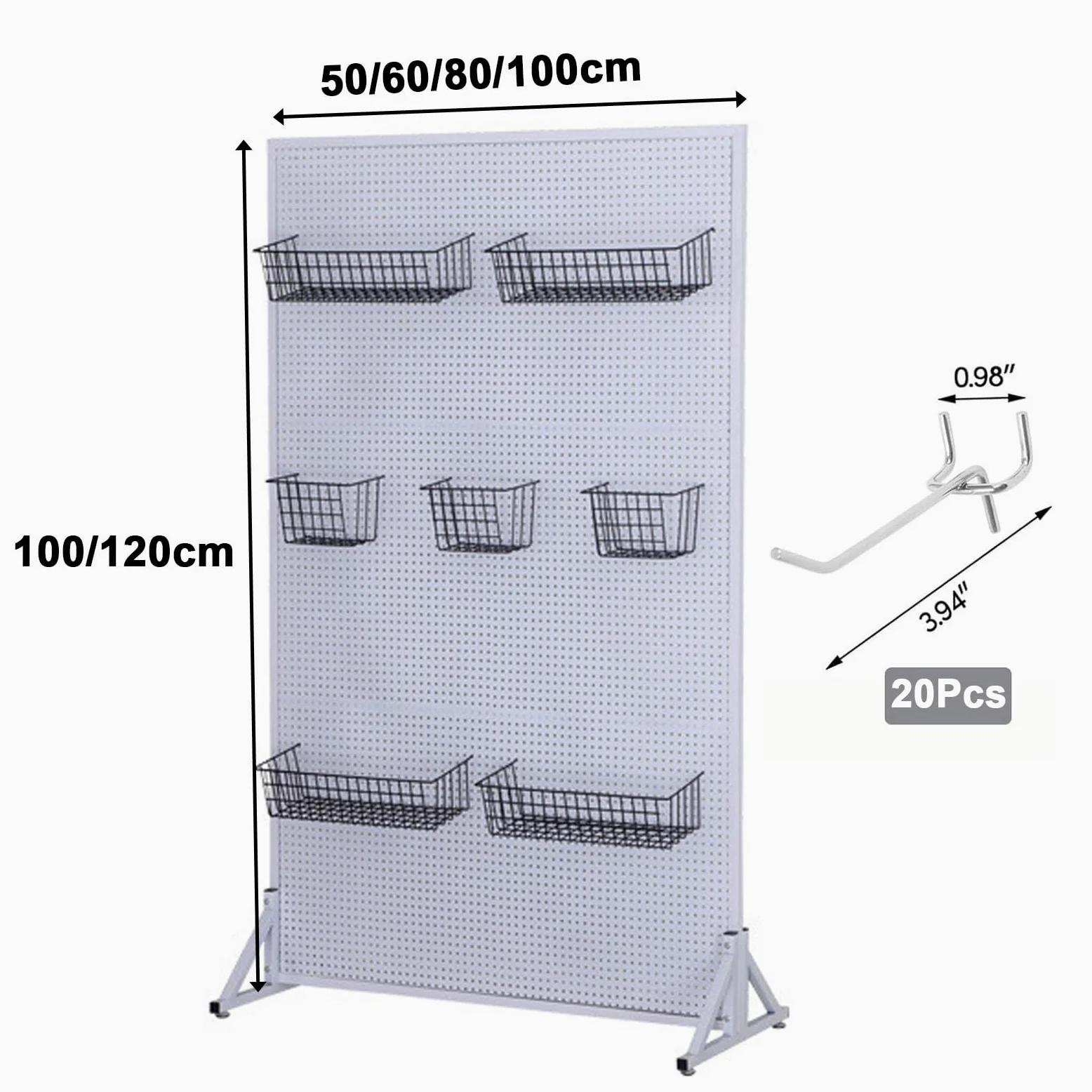 Generico Pannelli forati in Metallo - Kit Organizer per Utensili con 20 Ganci e rotelle per Garage, Ufficio, Cucina - Soluzione di stoccaggio a Parete Resistente (100x120 cm)