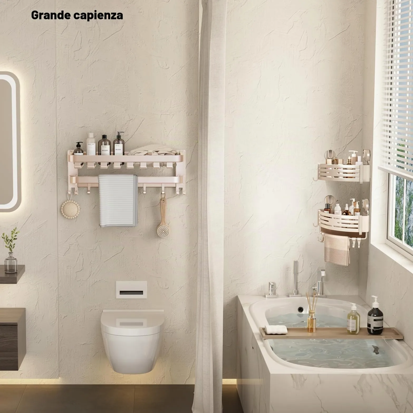Voldra Mensola Doccia Angolare Ventose, 2 Pezzi Porta Sapone Per Doccia Senza Foratura Porta Bagnoschiuma da Doccia Bagno Portaoggetti Shampoo Doccia Angolare con Portasciugamani e Ganci (Bianco)
