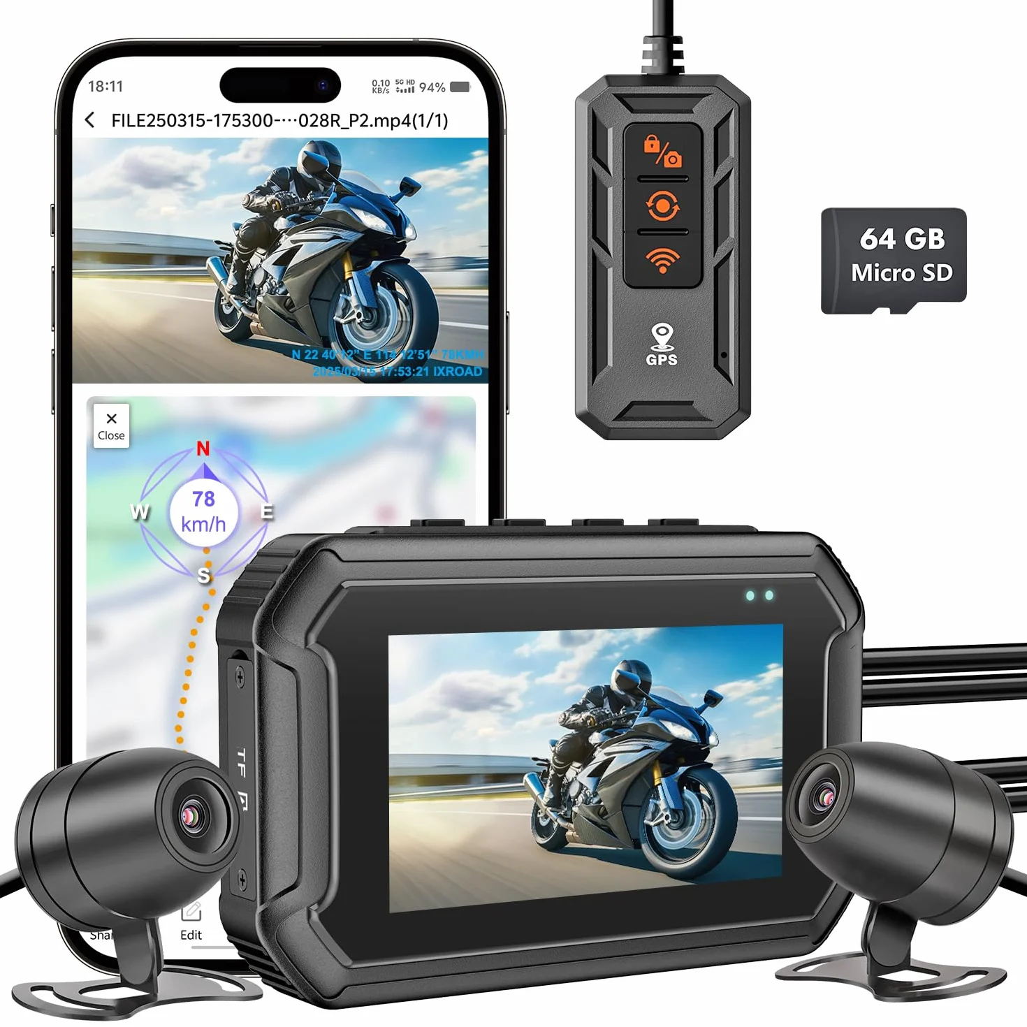 Dash Cam Moto, 1080P WDR Telecamera Anteriore e Posteriore, Dashcam Impermeabile con WiFi, GPS, Modalità Parcheggio, Telecomando Cablato, Schermo da 3", Scheda TF da 64 GB