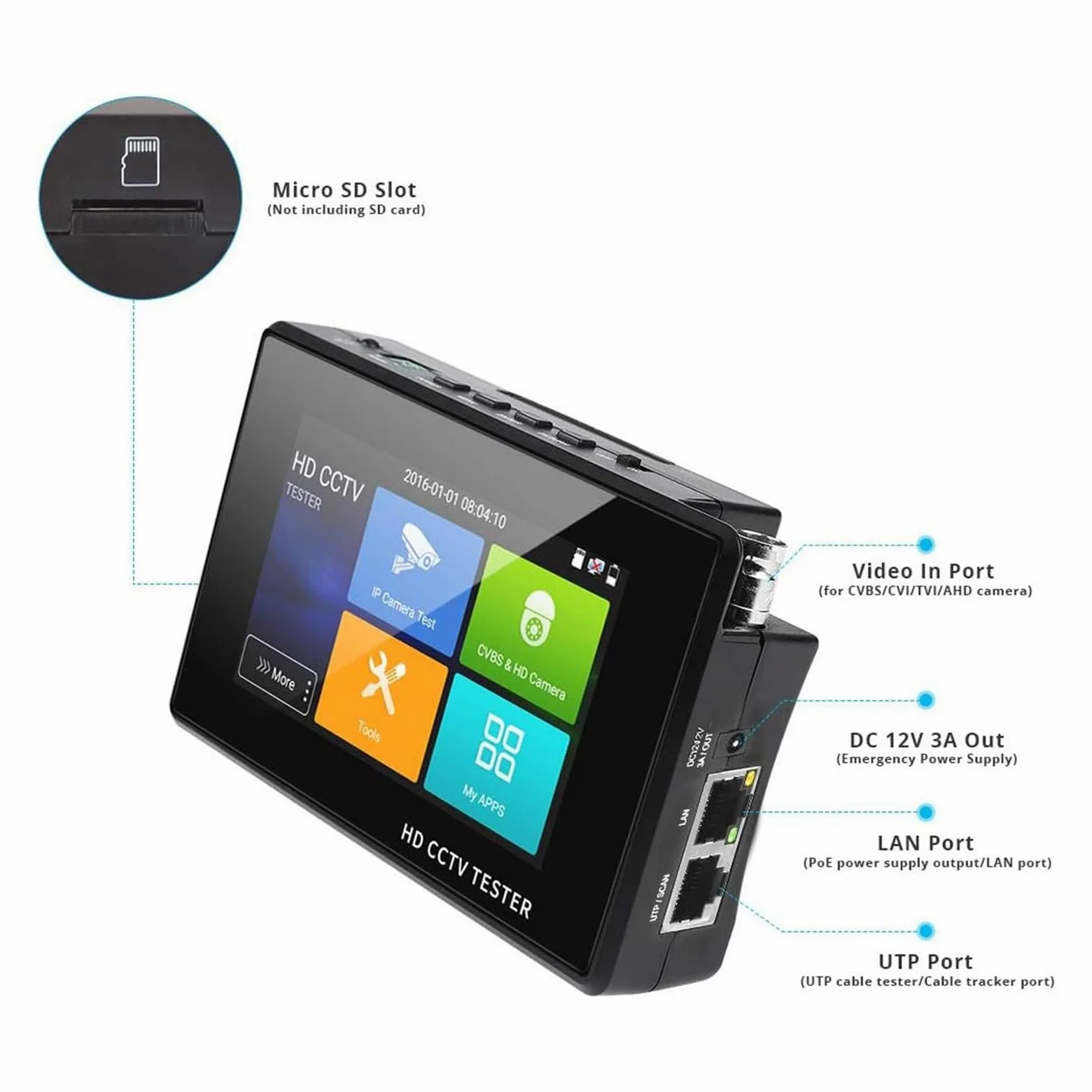 Tester CCTV Tester for Telecamera IP da Polso Portatile da 4 Pollici Tester CCTV 4K H.265 IP CVBS CVI TVI AHD Tester for Telecamera analogica con Poe/IP(with Wire Tracker)
